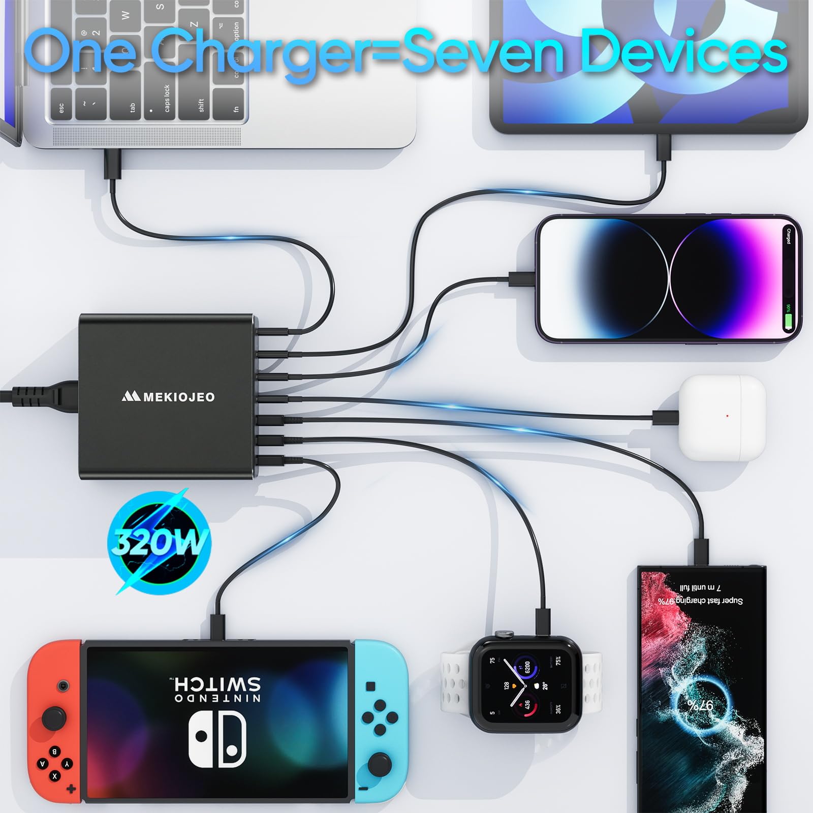 Aluminum Alloy 320W Usb C Charger Gan Charger Fast Usb C Charging Station 7 Ports 65W Laptop Charger For Macbook Pro/Air/Ipad Pr