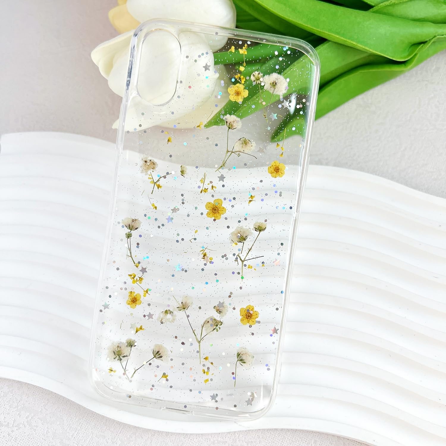 Lseeka For Iphone Xs Max Clear Case With Pressed Real Flowers Design,Glitter Cute Yellow Floral Pattern Slim Soft Tpu Protective