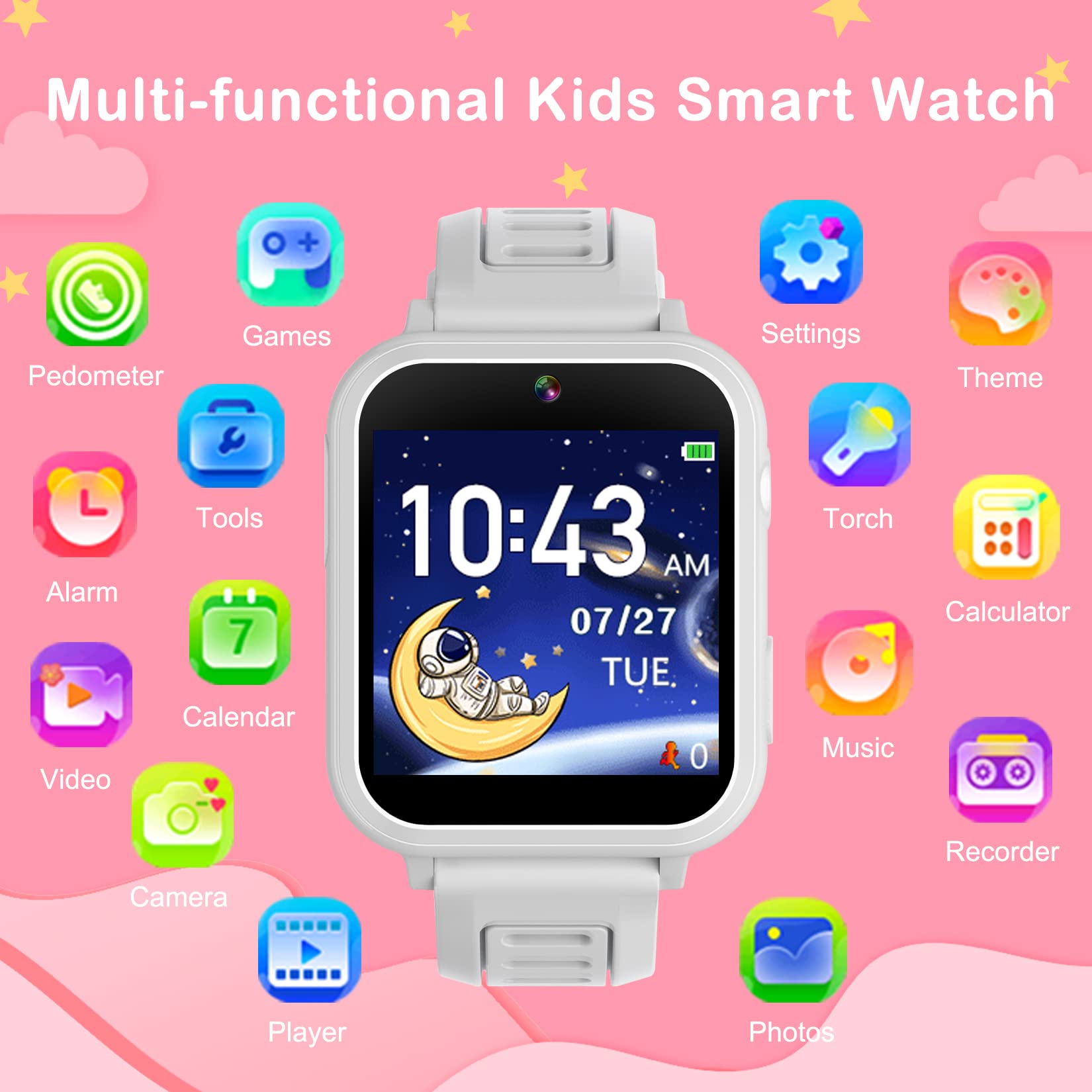 Phyulls Kids Smart Watch Gift For Girls Age 4-12, Smart Watch For Kids With 26 Games Hd Touch Screen Kids Watches Camera Video M