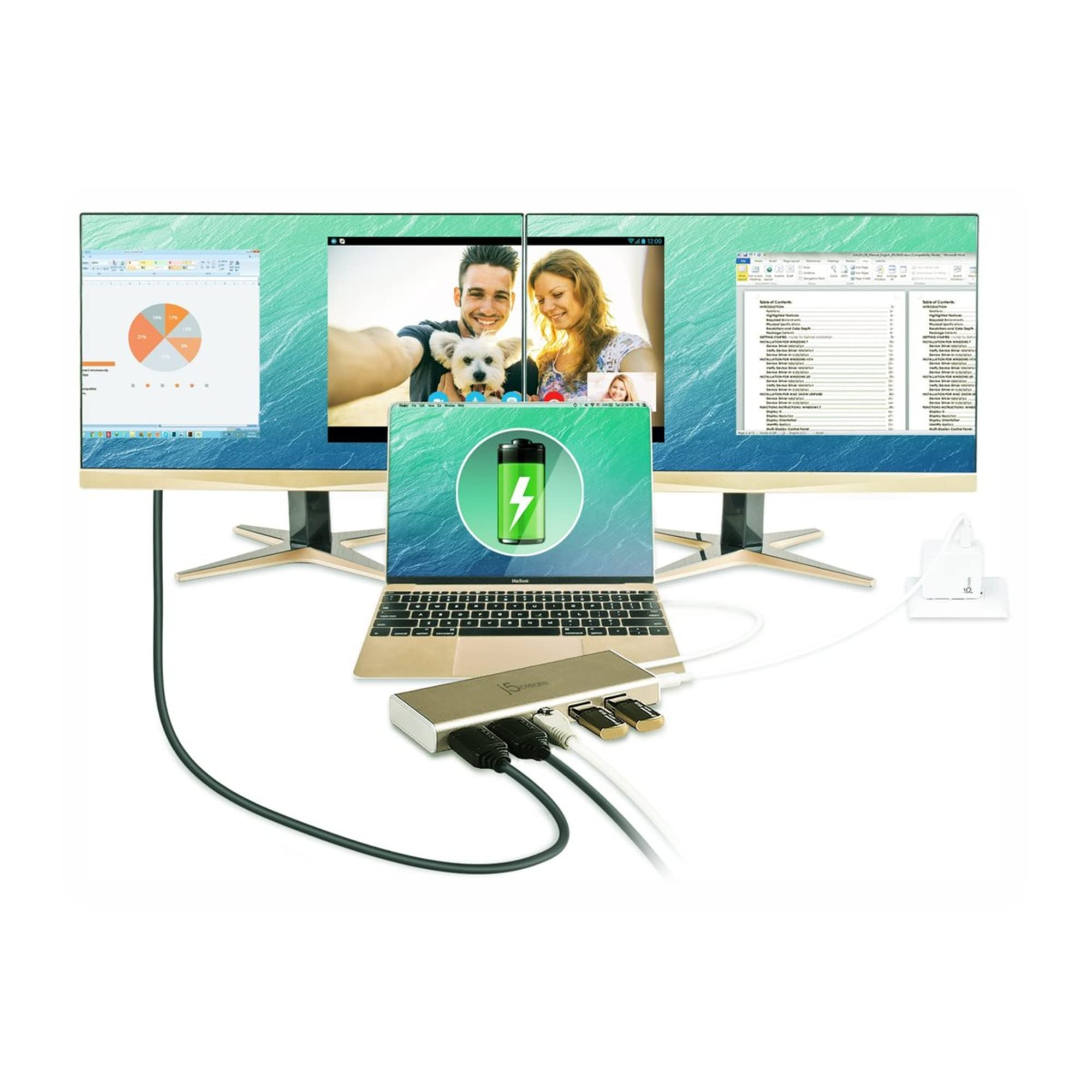 J5Create Usb-C Mini Dock- Type C Hub With 2X Hdmi, 2X Usb 3.0, Ethernet, Power Delivery 2.0 (Jcd381)