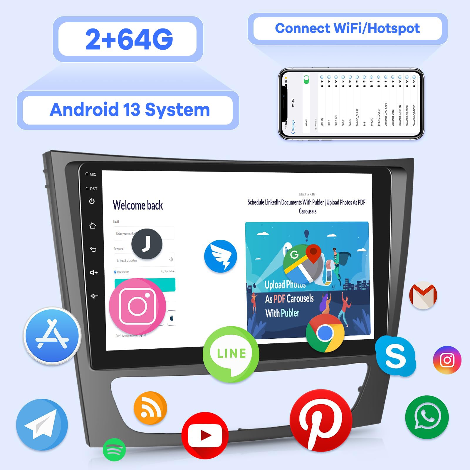 Car Radio For Mercedes Benz E Class W211 E200 Cls W219 2002 2009, [2G+64G] 9 Inch Android 13 Touch Screen Car Stereo, Carplay/An