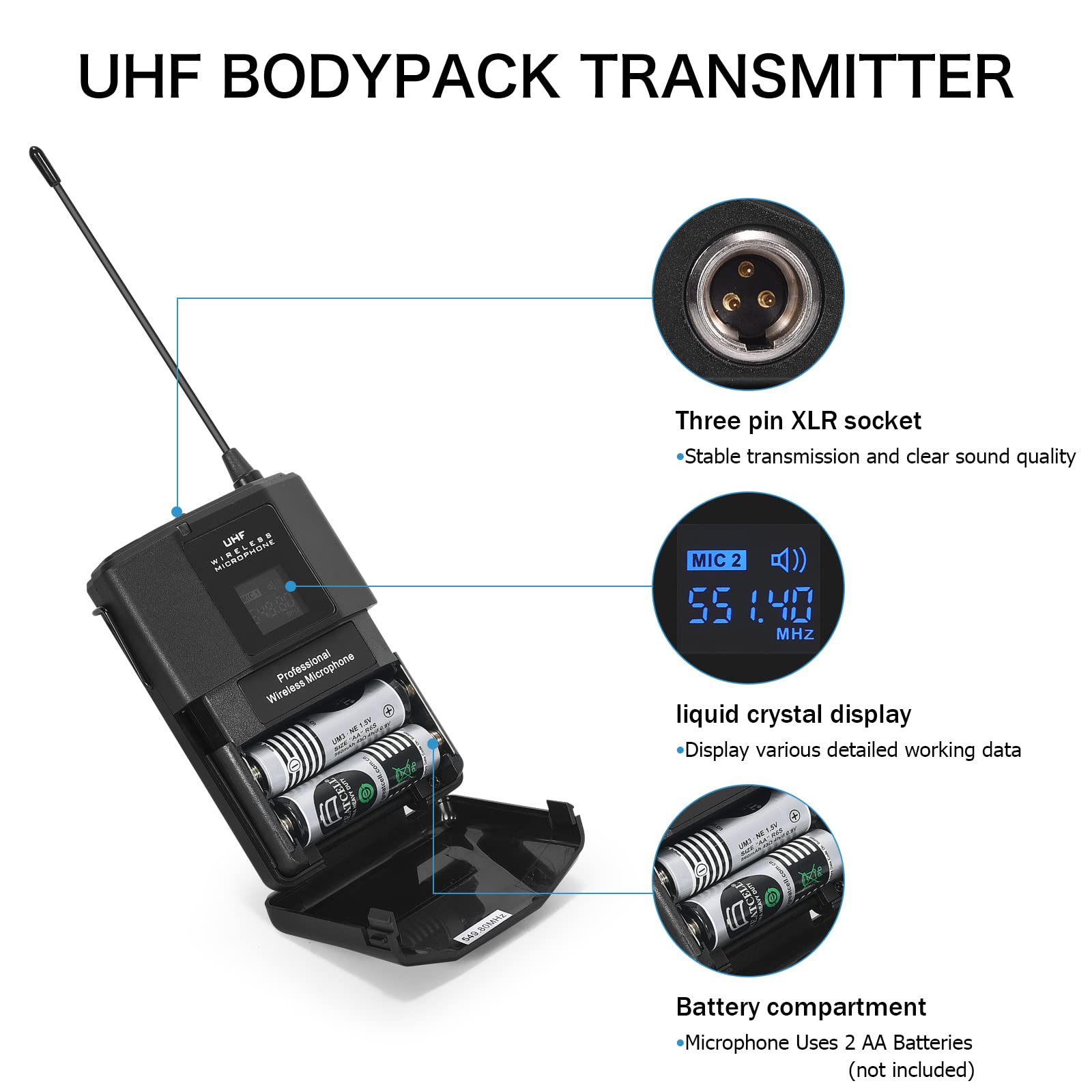 Microcking Uhf Wireless Microphone System Cordless Lapel/Headset/Lavalier Mic(4 Bodypacks), Fixed Frequency, Long Range 400Ft, I