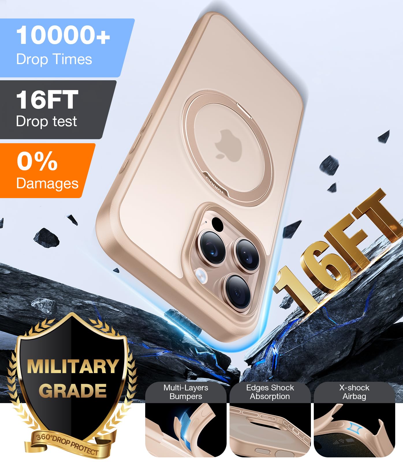 Torras 360Rotatable Magnetic Ring For Iphone 16 Pro Max Case, Fit For Magsafe With Stand & Ring Holder, 16Ft Mil Grade Shockproo