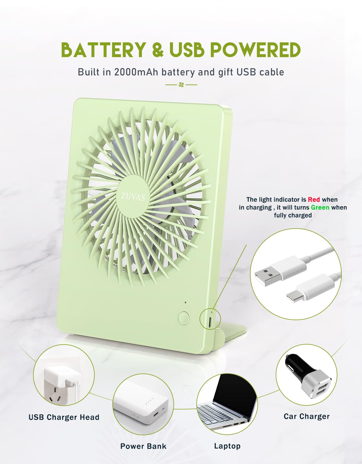 Zuvas Desk Fan Battery Operated Rechargeable 180Tilt Folding Personal Ultra Quiet Small Portable Fan Light Green