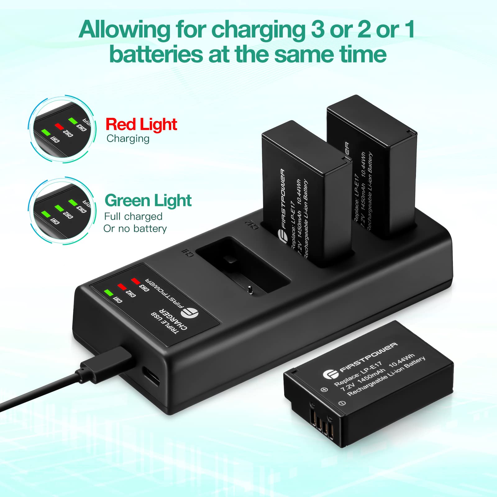 FirstPower LP-E17 Camera Battery 3-Pack & Triple Slot Charger for Canon EOS R8 R10 R50 RP Rebel T8i T7i T6i SL3 Black