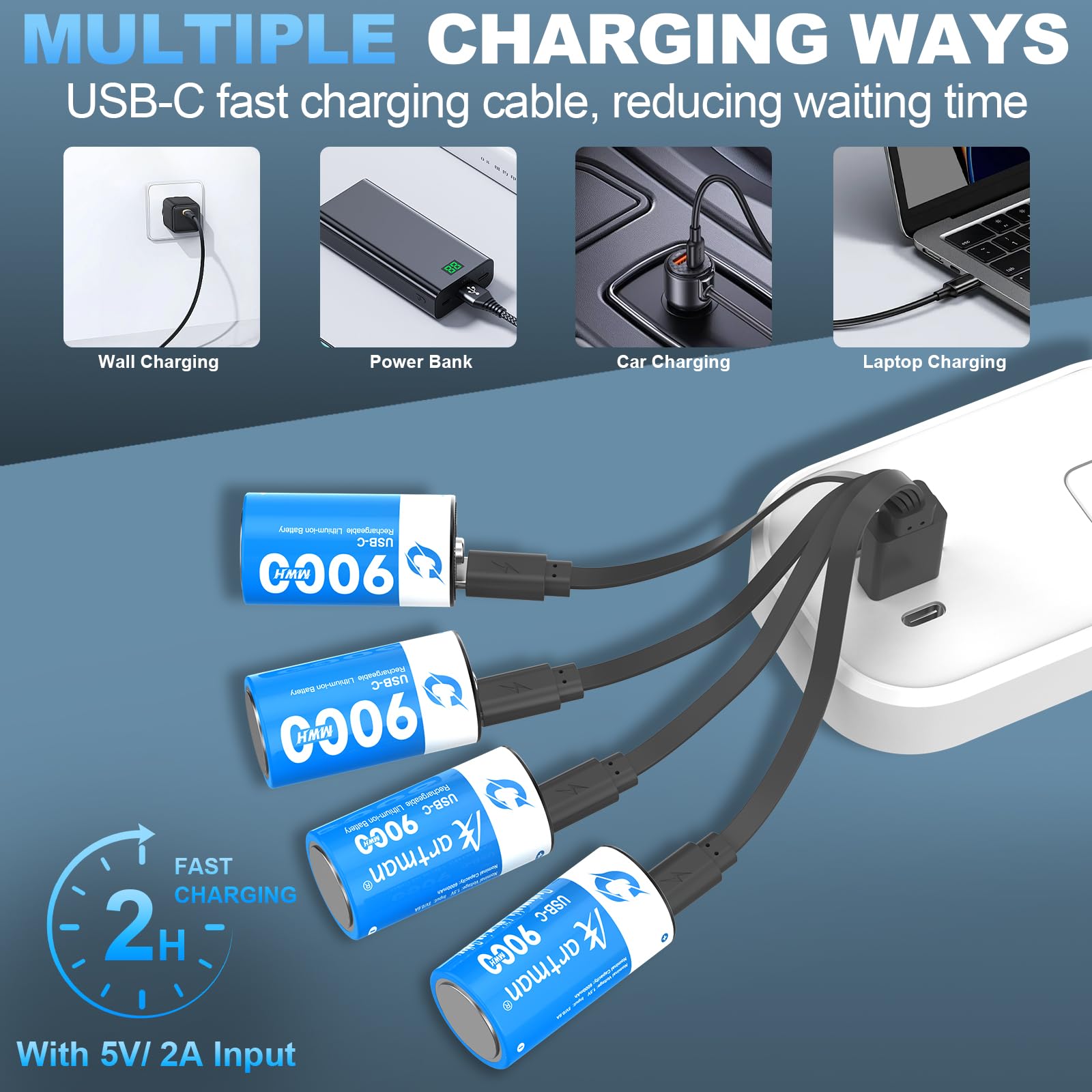 Artman Rechargeable Lithium C Batteries 8 Pack, 1.5V C Cell Batteries With 4 In 1 Usb-C Charging Cable, 9000Mwh High Capacity Si