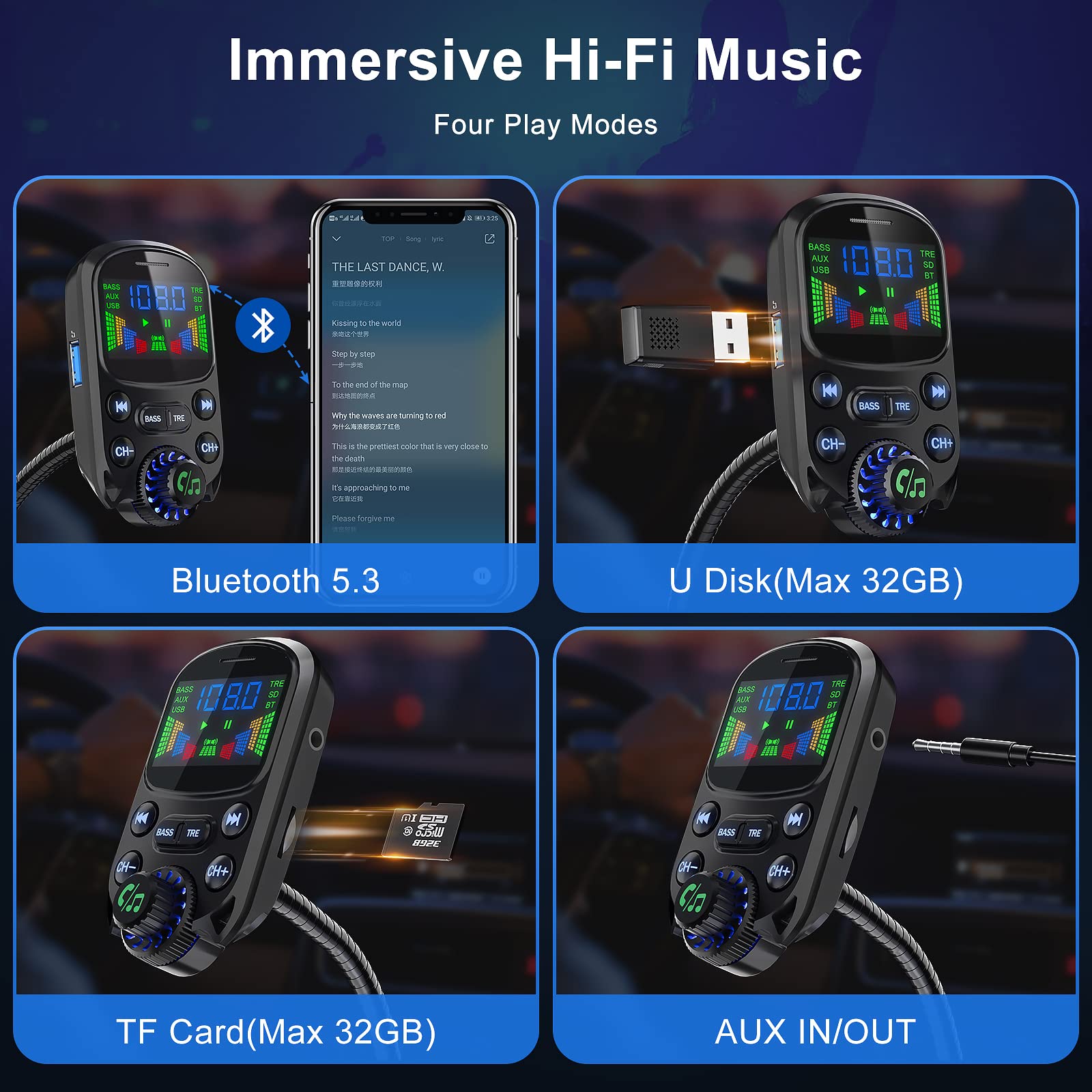 Bluetooth 5.3 Fm Transmitter For Car  Soarun Bluetooth Car Adapter Pd30W & Usb Port Fast Charge   Hifi Treble & Bass Player   1.