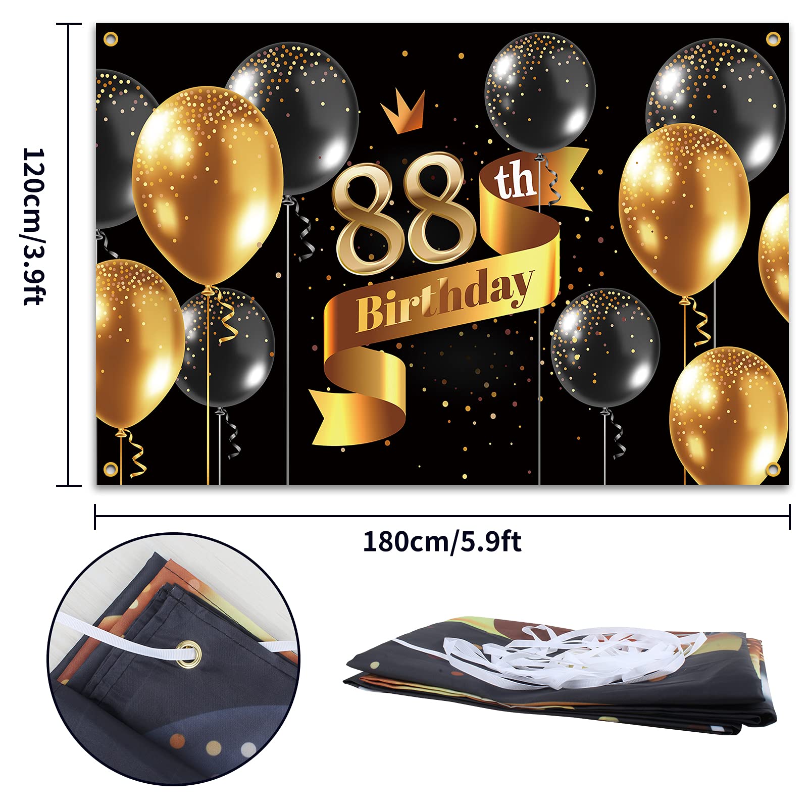 Pakboom Happy 88Th Birthday Backdrop Banner   88 Birthday Party Decorations Supplies For Men   Black Gold 3.9 X 5.9Ft