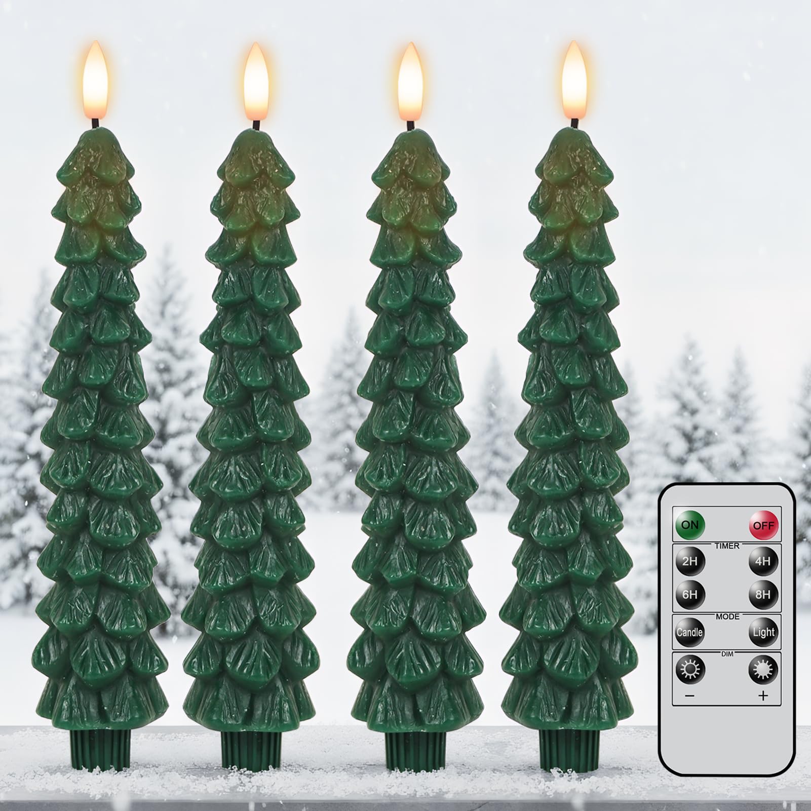 KunSwenn Christmas Tree Candles Battery Operated with Remote Timer, 4 Pcs Christmas Tree Flameless Taper Candles with 3D Flicker