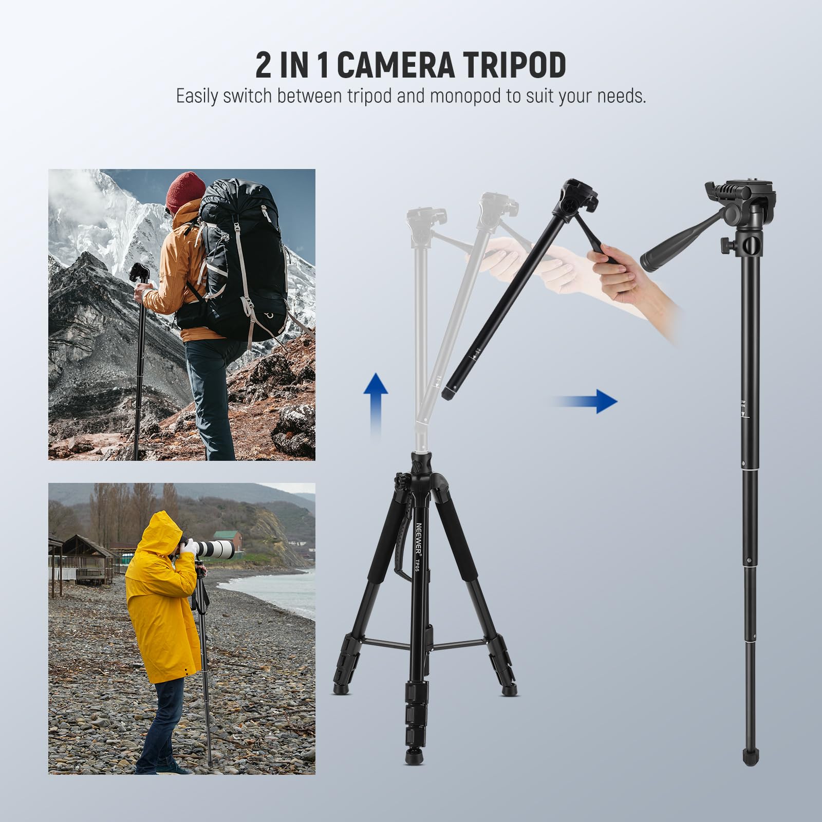 Neewer Basic 74'' Video Tripod Monopod, 3 Way Pan Tilt Head, Remote, Overhead Camera Mount, Horizontal Central Axis, Phone Holde