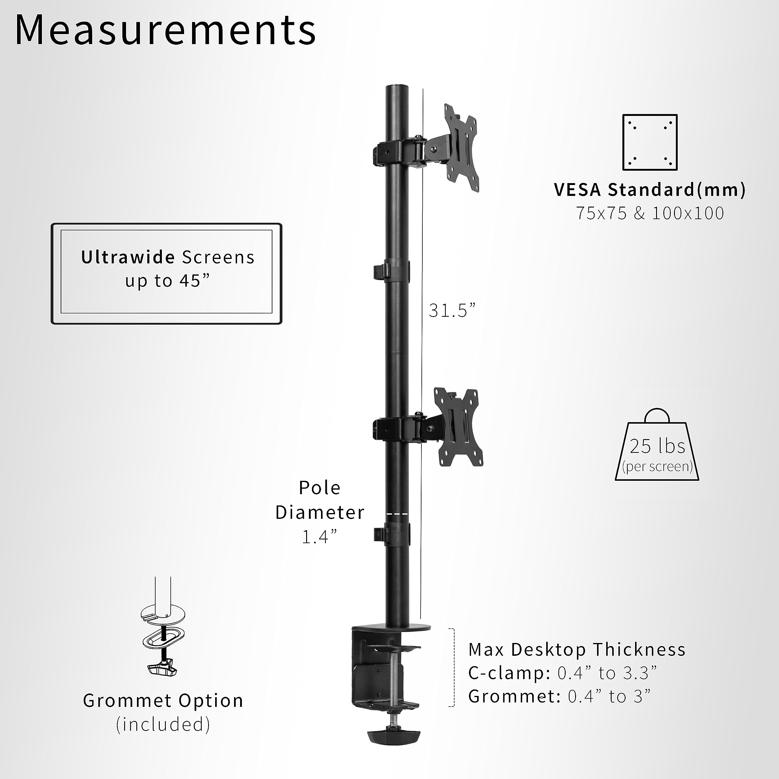 VIVO Dual Vertically Stacked Ultra Wide Monitor Desk Mount, Extra Tall Heavy Duty Adjustable Stand for 2 Ultrawide Screens up to 45 inches, 25 lbs Per Screen Capacity, Black, STAND V200R