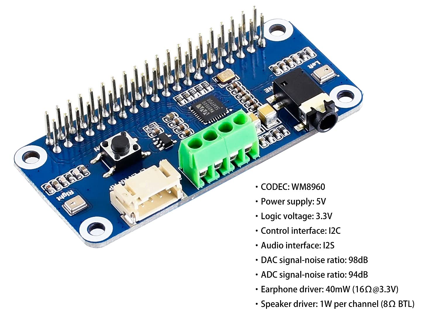 Wm8960 Audio Hat Module For Raspberry Pi 4B/3B+/3B/2B/B+/A+/Zero/Zero W/Pi Zero Wh,Wm8960 Hi Fi Sound Card Hat Stereo Codec, Pla