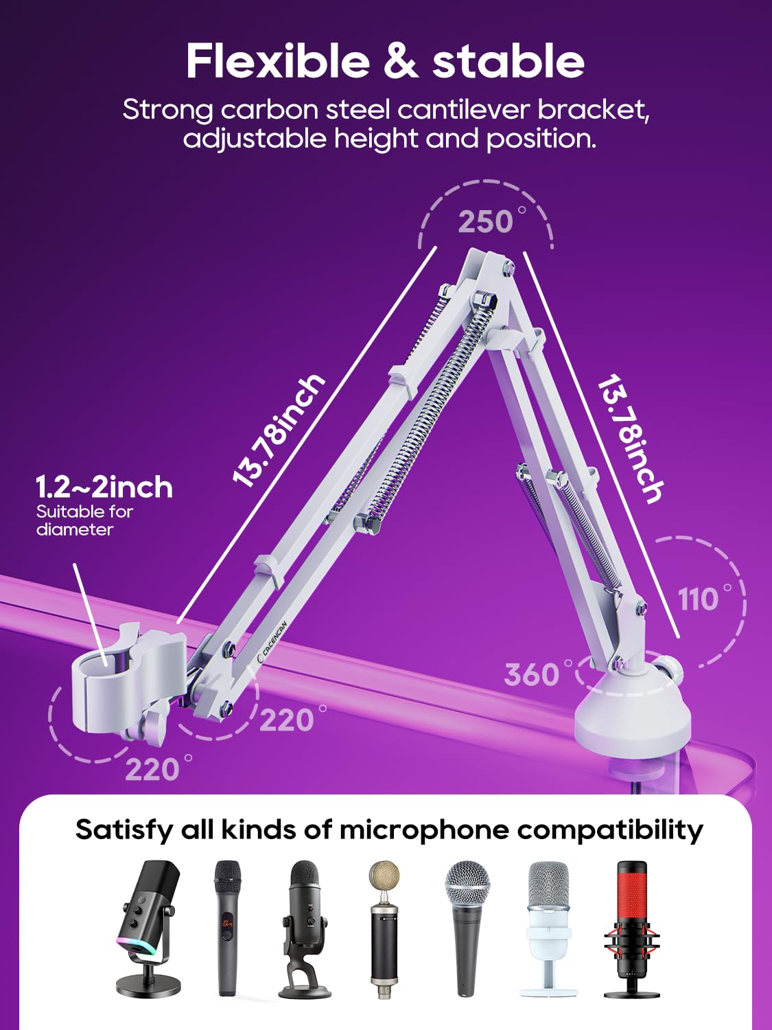 Boom Arm Micophone, Mic Arm Desk Mount Foldable With 3/8   To 5/8   Screw Adapter Adjustable Mic Stand For Podcasting Gaming