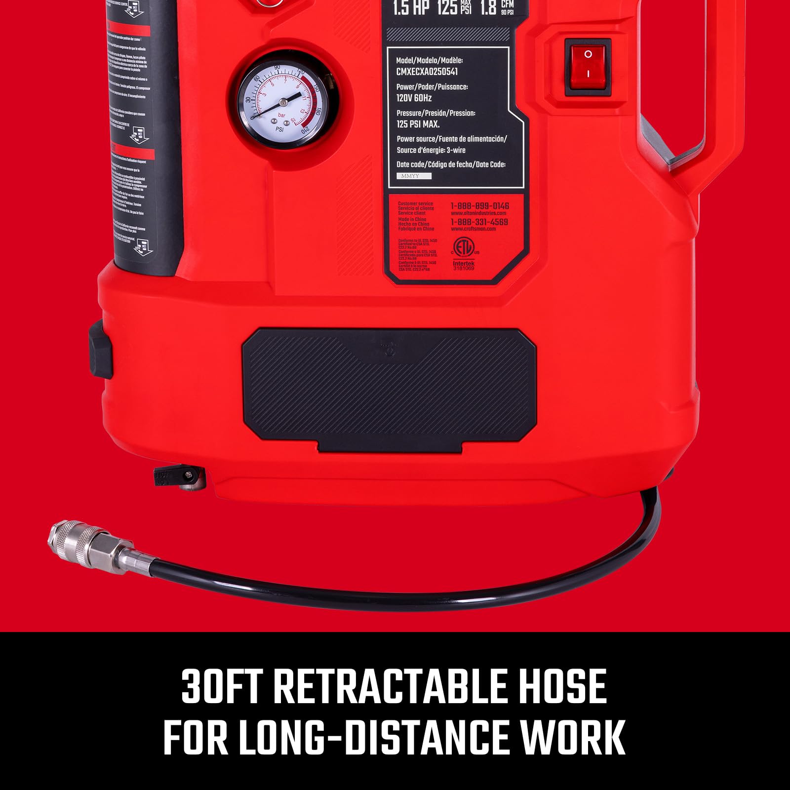 Craftsman Tire Inflator, All In One Wall Mount Air Compressor Oil Free With Retractable 30Ft Air Hose And Pressure Regulator, Gr