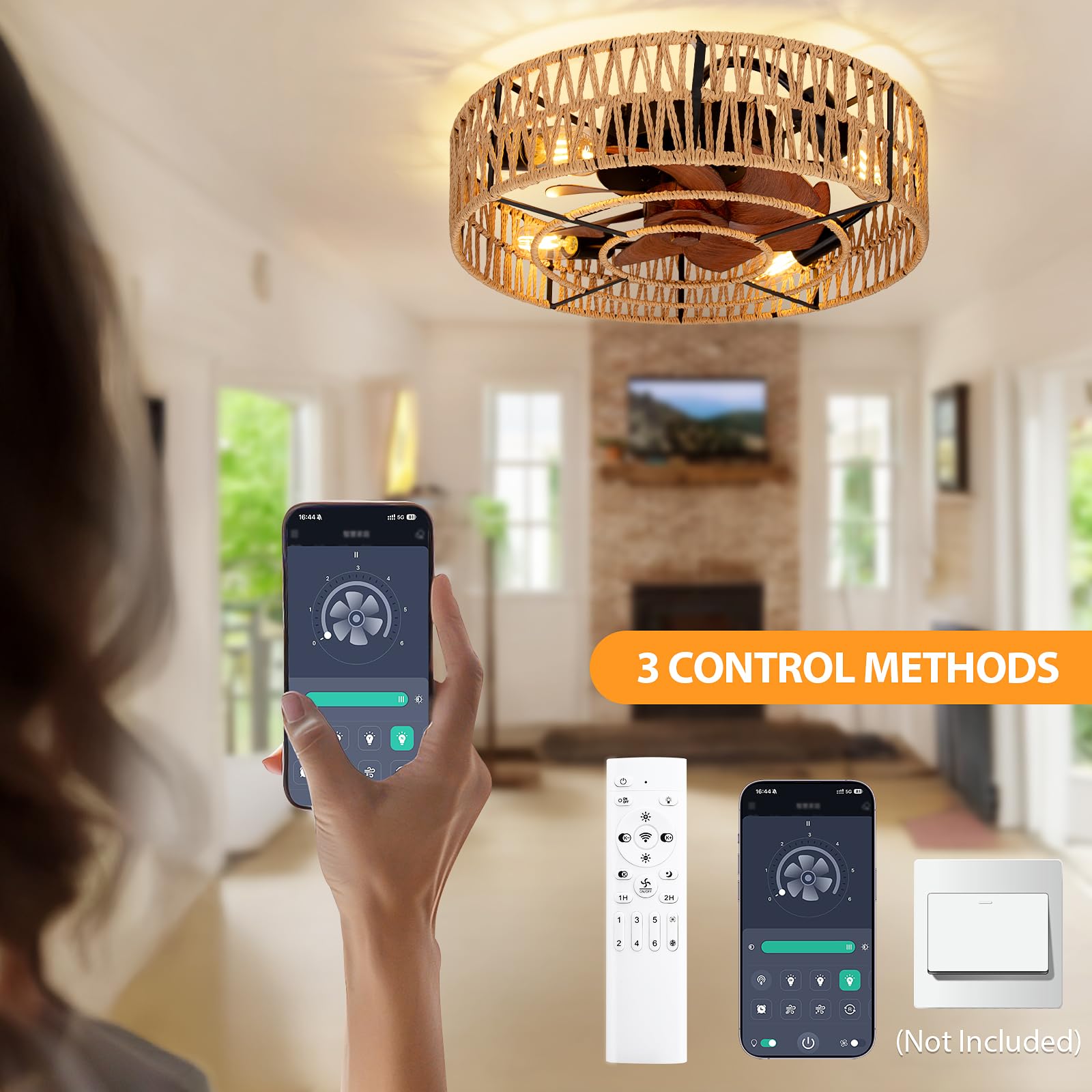 Vookea 2-In-1 Low Profile Ceiling Fan With Light, 20    Caged Boho Safety Design For Kids - 3000K, Smart App/Remote Control, Qui