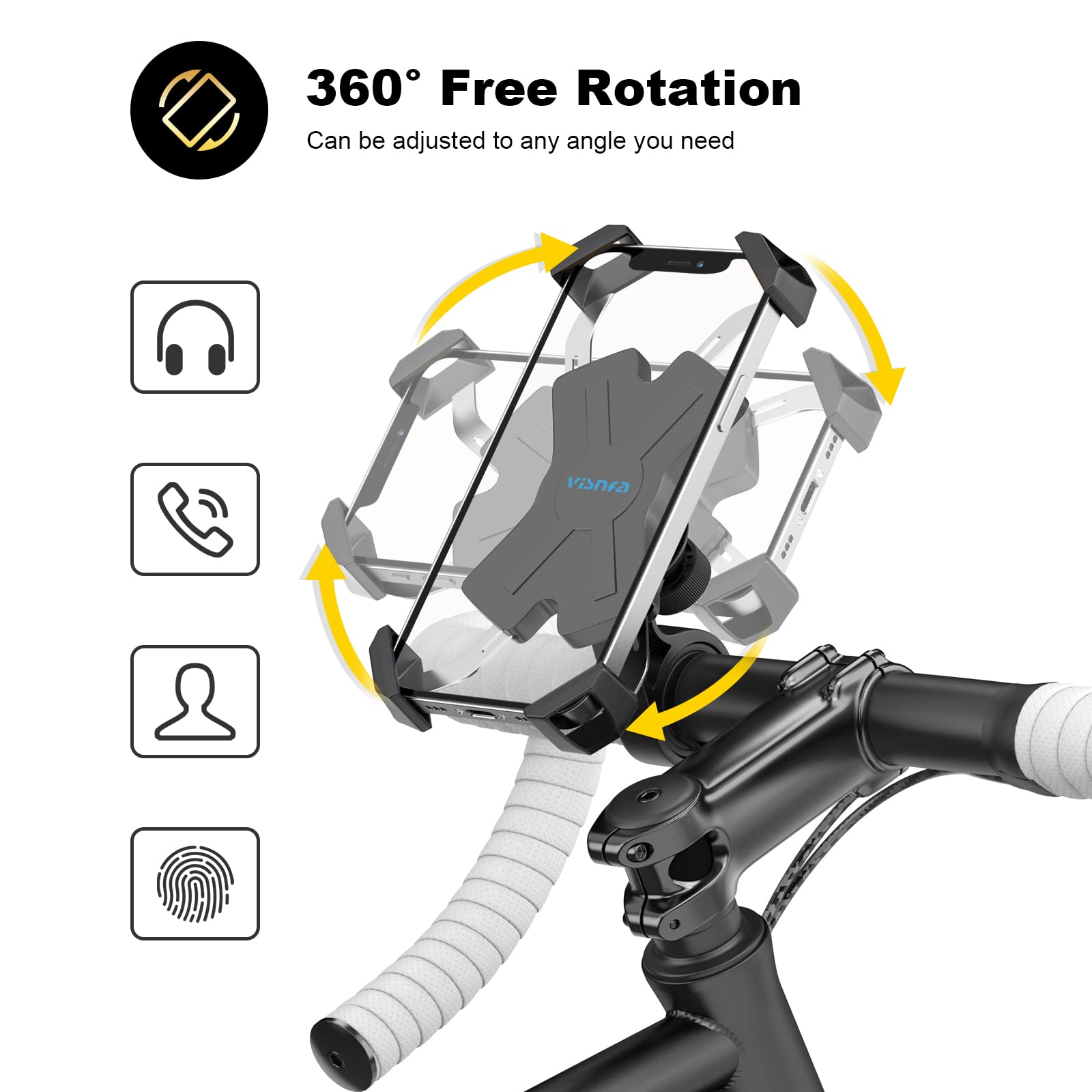 visnfa Bike Phone Mount, Stainless Steel Clamp, Anti-Shake, 360° Rotation, Fits 4-7" Devices, Black, Model PB04-AC180828