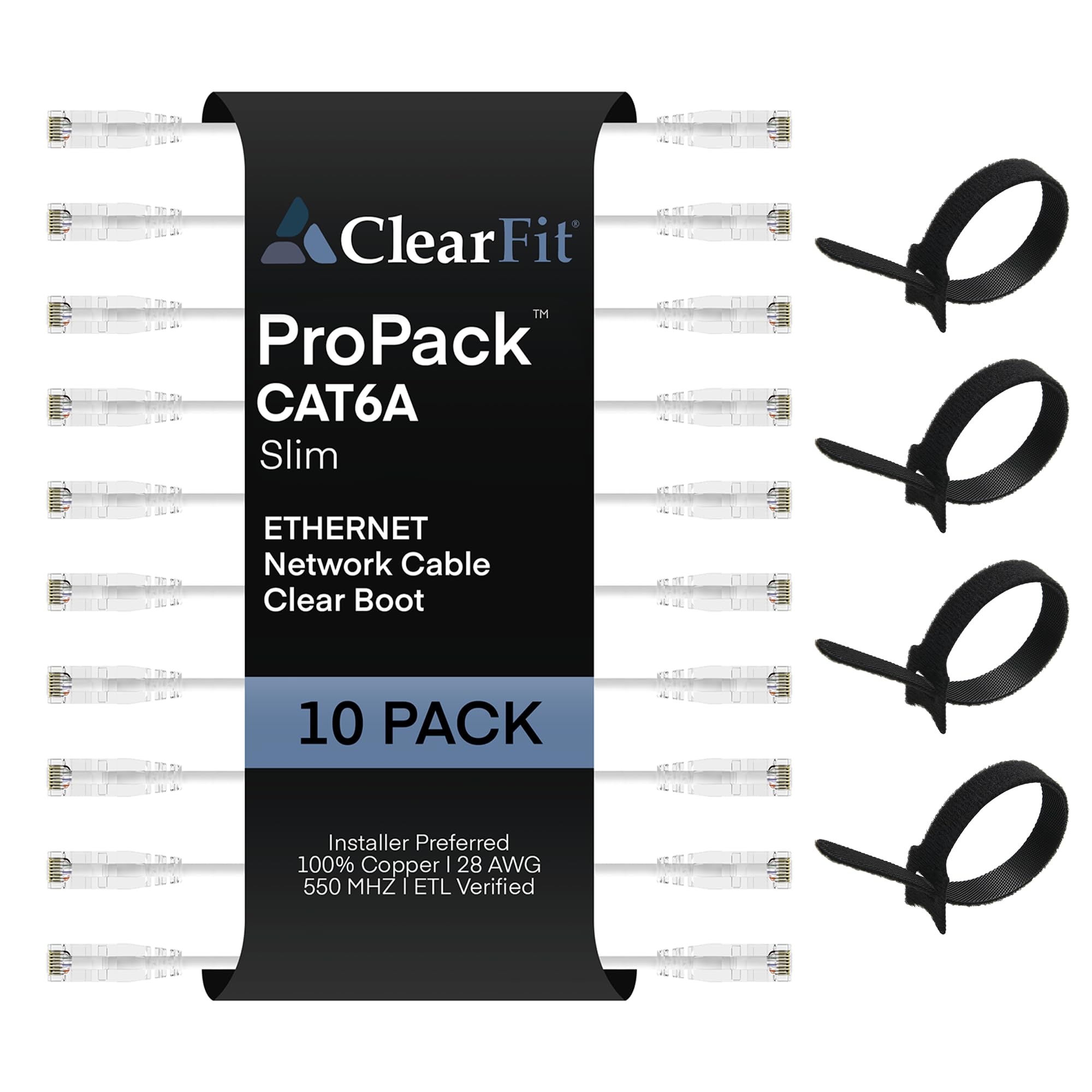 Clearfit Slim 10 Pack   7 Feet Cat6A Slim With 4 8 Inch Hook And Loop Straps, 28Awg Ethernet Patch Cable, Network Cable, Clear B