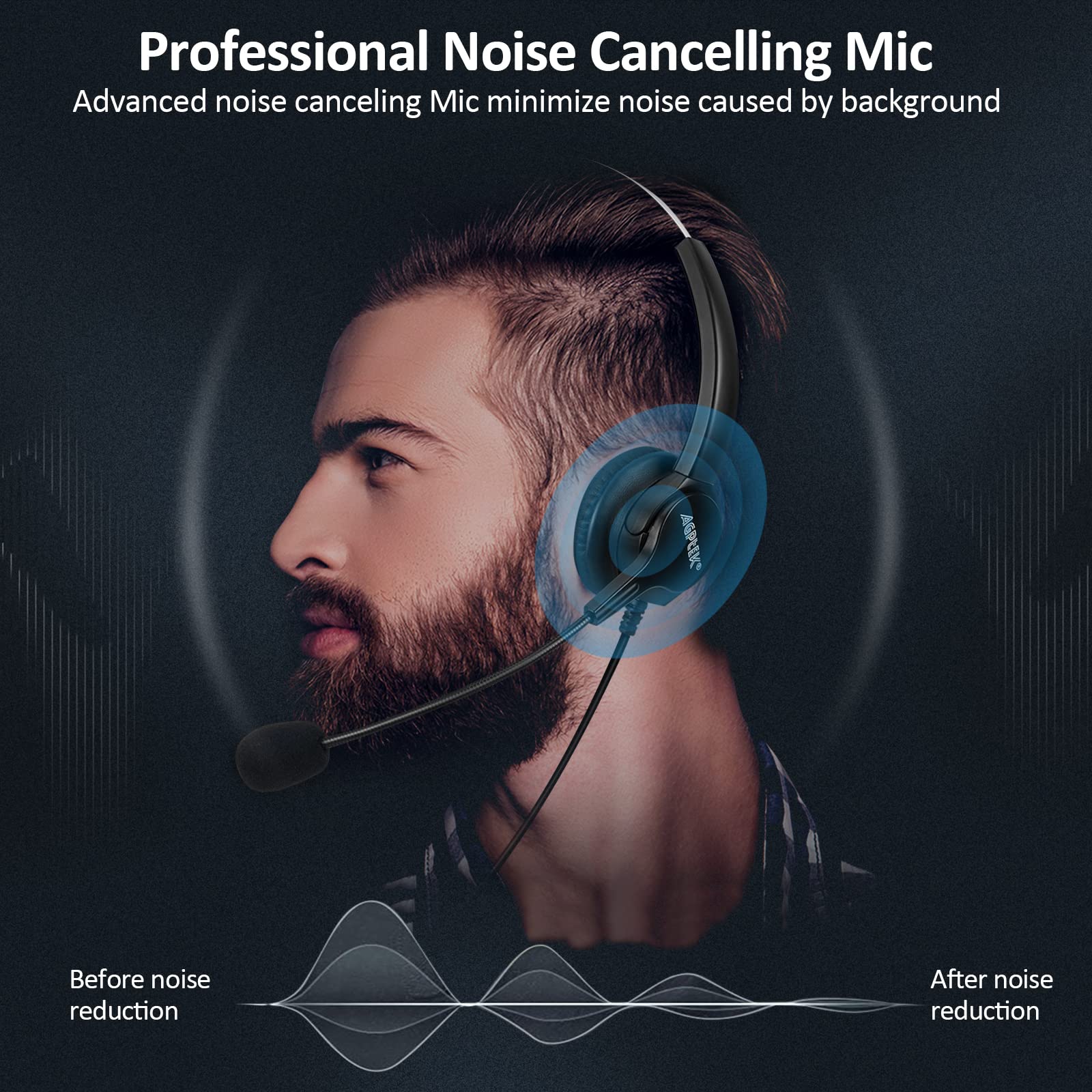 Agptek Hands Free Call Center Noise Cancelling Corded Monaural Headset Headphone For Desk Telephone With 4 Pin Rj9 Crystal Head