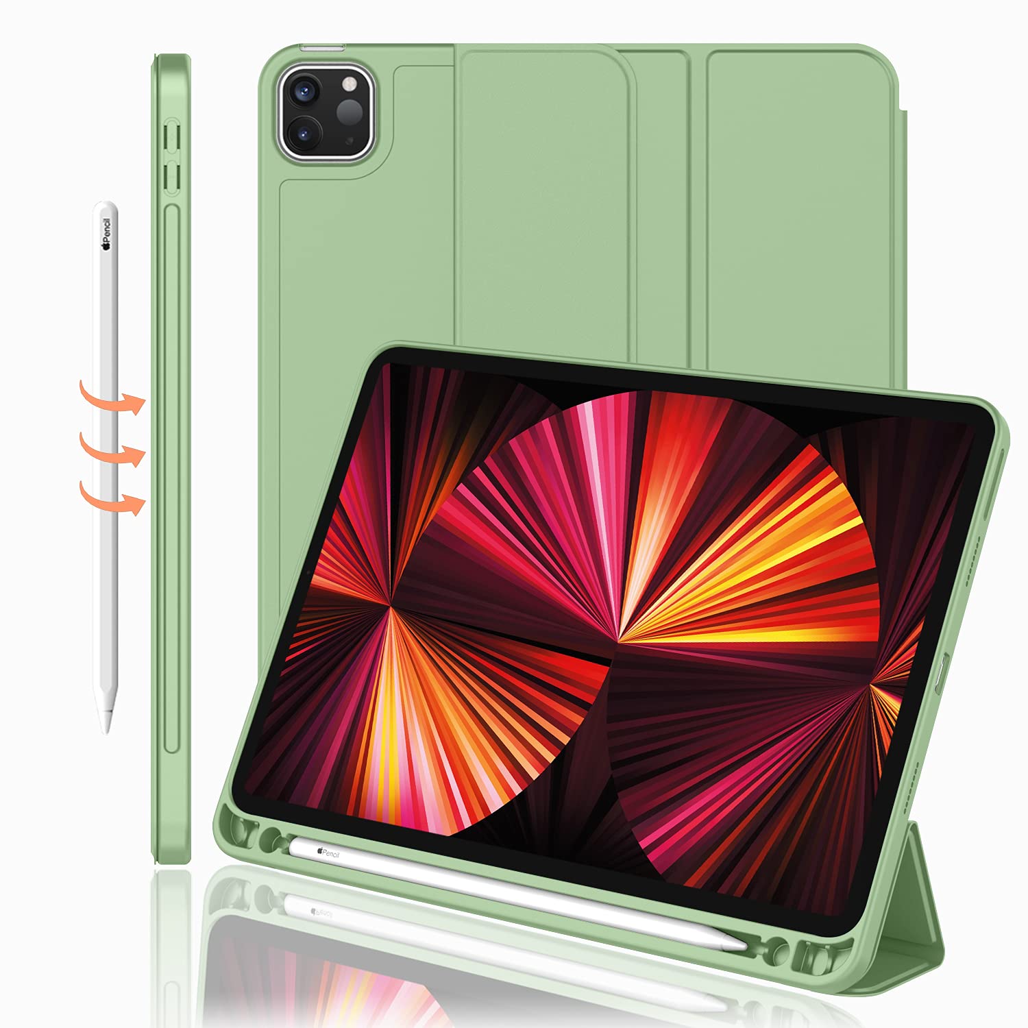 Imieet New Ipad Pro 11 Inch Case 2022(4Th Gen)/ 2021(3Rd Gen) With Pencil Holder [Support Ipad 2Nd Pencil Charging/Pair],Trifold Stand Smart Case With Soft Tpu Back,Auto Wake/Sleep(Matcha Green)