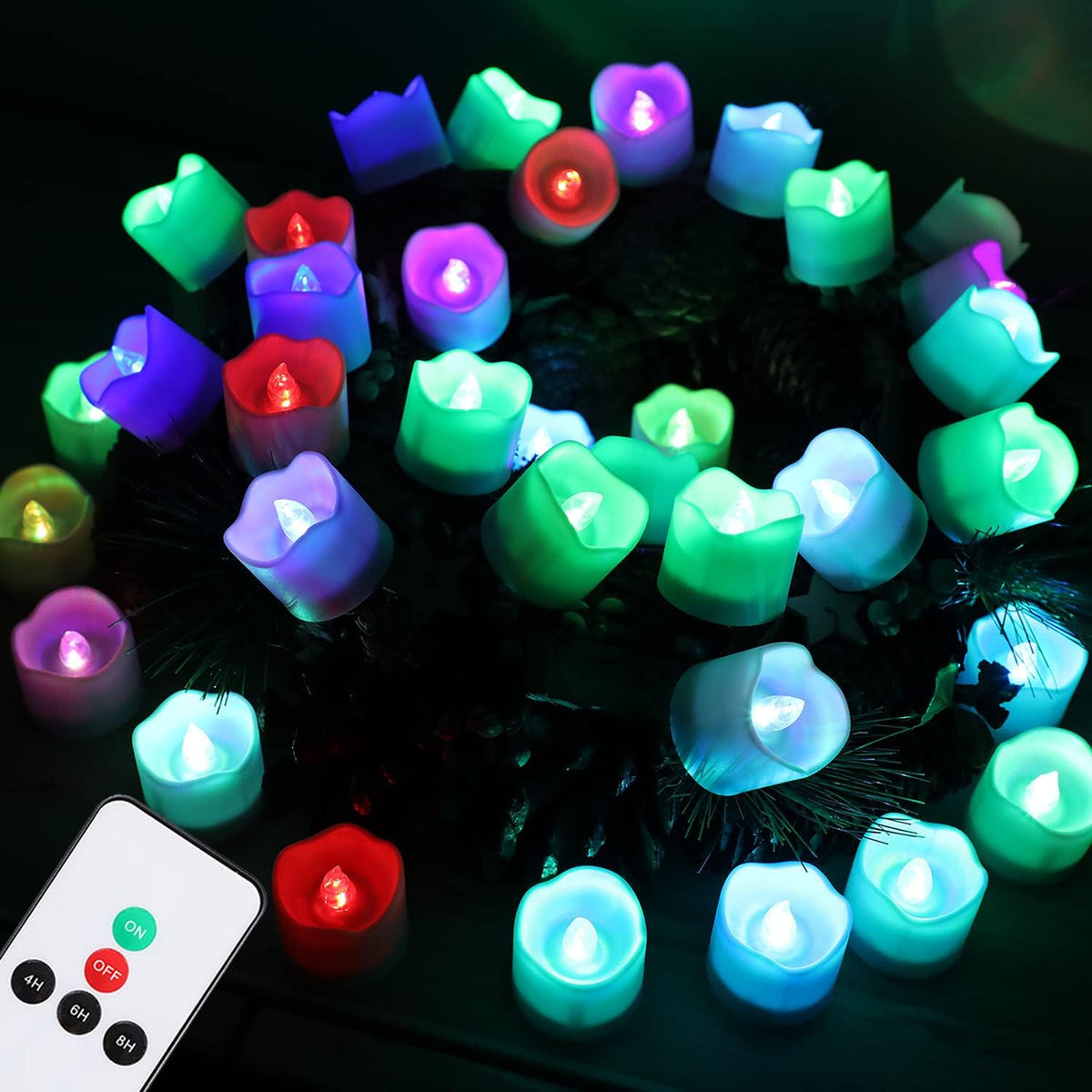 Topstone Multi Color Remote Control Tea Lights,Battery Powered Votive Candles With Timer,Flickring Flameless Candles For Wedding