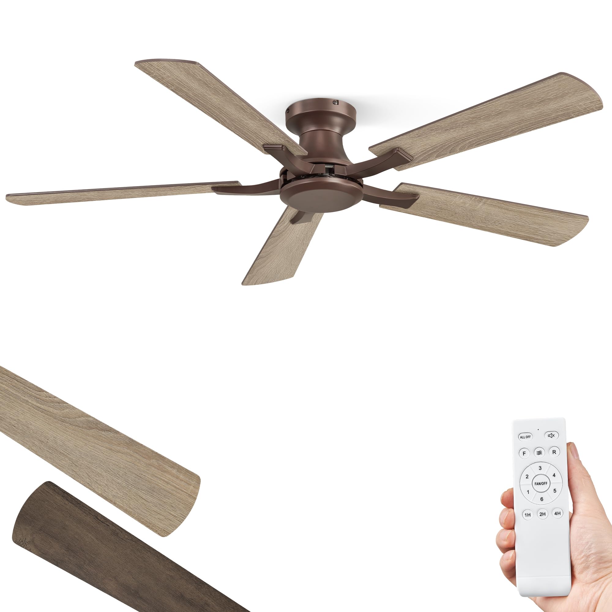ZMISHIBO 52 Inch Ceiling Fan No Light, Flush Mount Low Profile, Farmhouse Brown Ceiling Fan Without Light, Remote Control & Quie