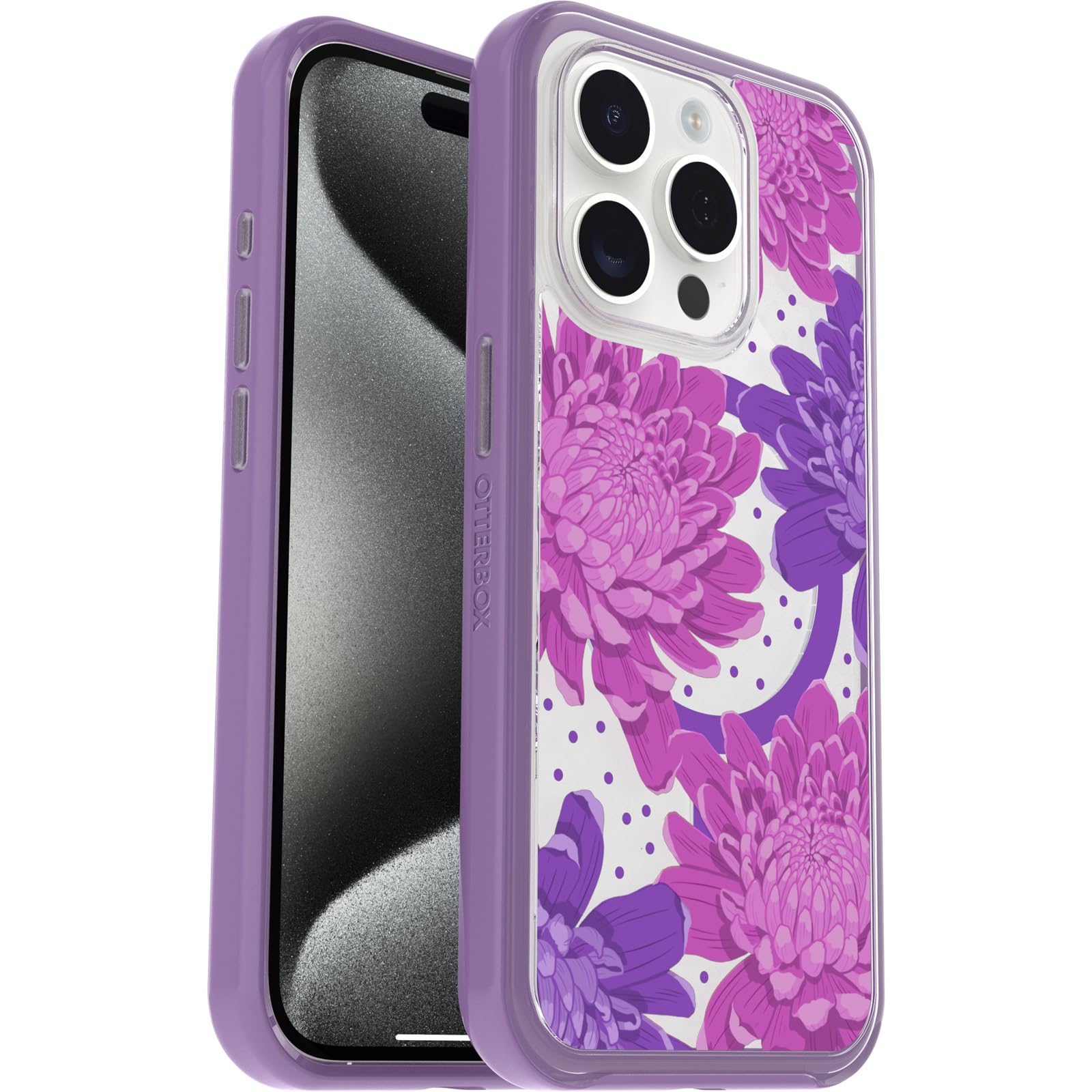 Otterbox Iphone 15 Pro (Only) Symmetry Series Clear Case   Papercut Flowers (Purple), Snaps To Magsafe, Ultra Sleek, Raised Edge