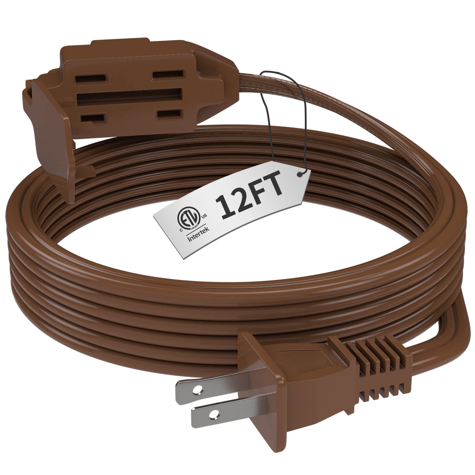 Plugtul Indoor Brown Extension Cord 12 Feet, 3 Outlet Household Extension Cord, 2 Prong, 16 Gauge, 3 Polarized Outlets With Safe