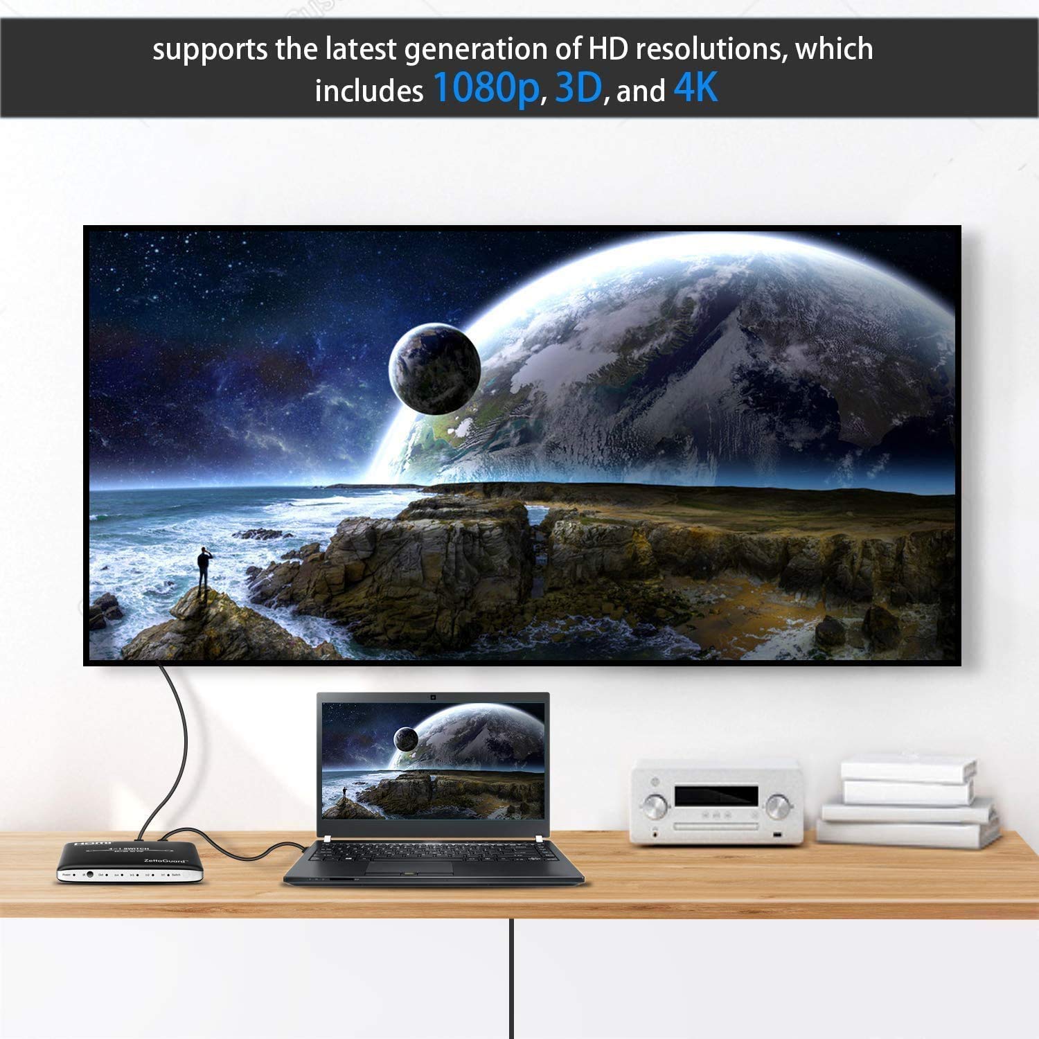 Zettaguard 3 Port 3 X 1 Hdmi Switch With Pip (Picture In Picture)And Ir Wireless Remote Control, Hdmi Switcher Hub Port Switches