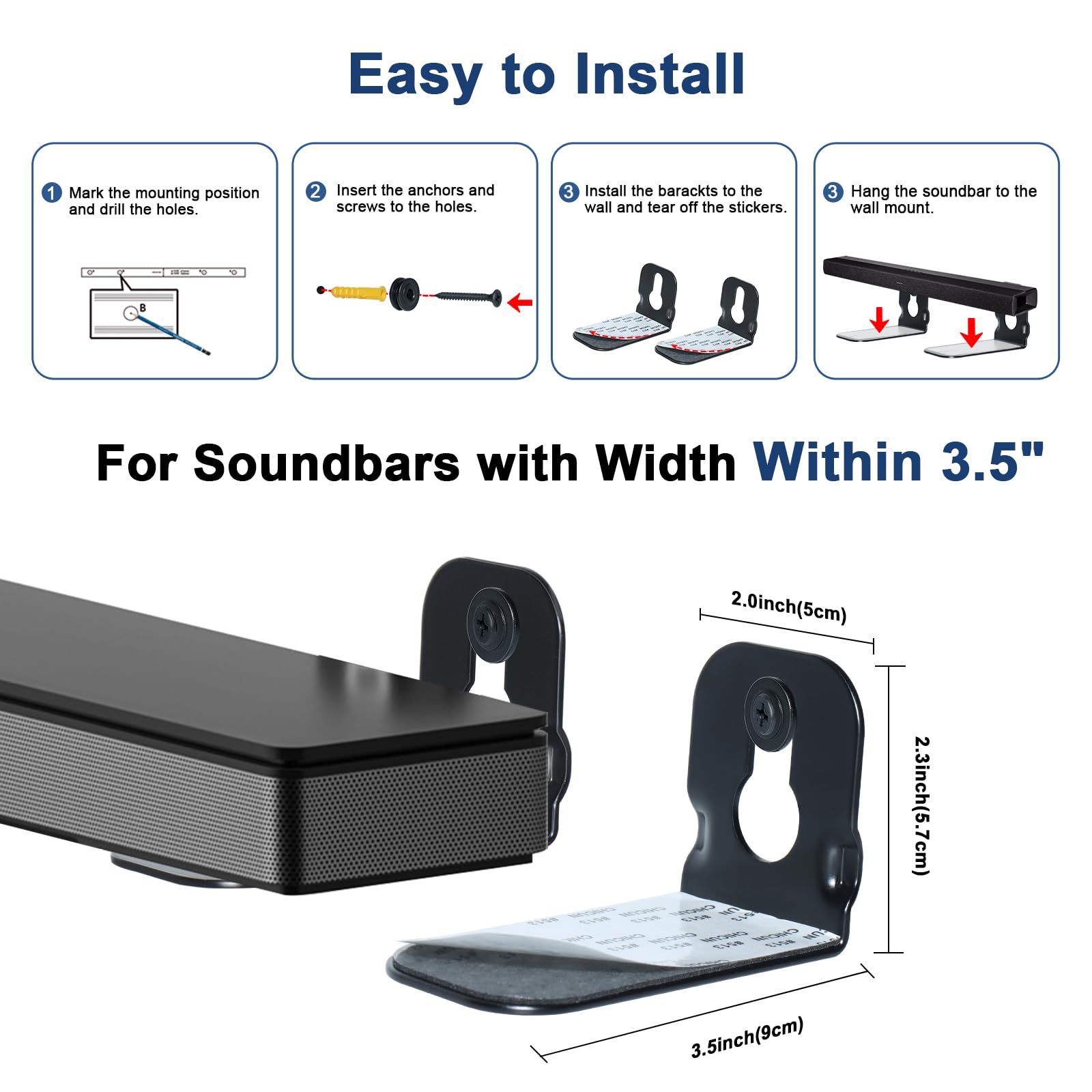 Leewardship Universal Soundbar Mount Shelf For Lg, Samsung, Roku, Sony, Jbl, Vizio, Bose Soundbar Wall Mount Bracket(2Pcs), Blac