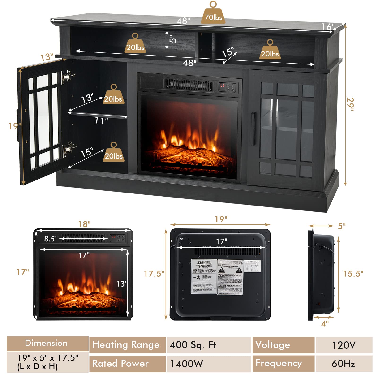 Tangkula Fireplace Tv Stand For Tvs Up To 55 Inch, With 18 Inches 4777 Btu Fireplace Insert, 3 Level Brightness, Overheat Protec