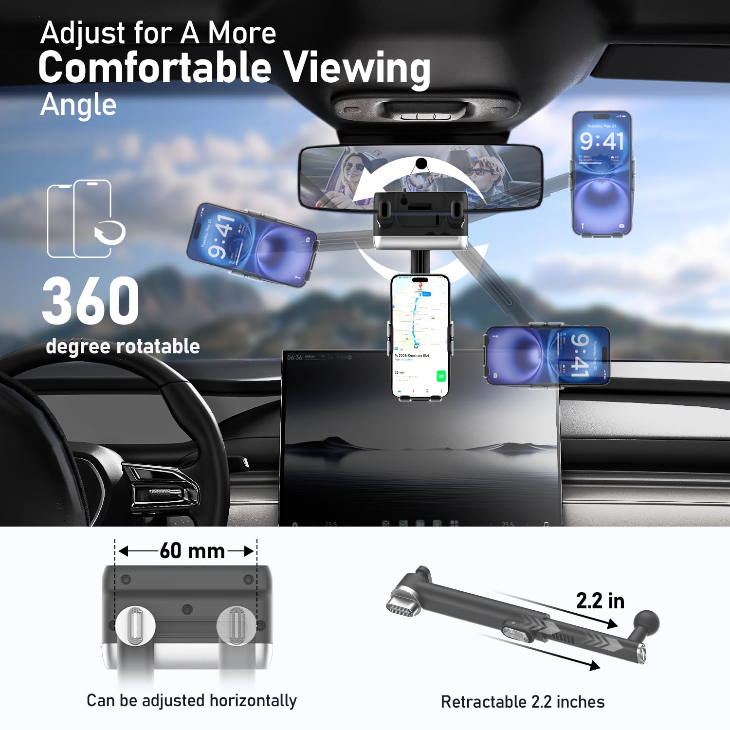 Ksyer Rear View Mirror Phone Holder,Rotatable And Retractable Phone Holders For Your Car, 360 Rotating Adjustable Cell Phone Mou