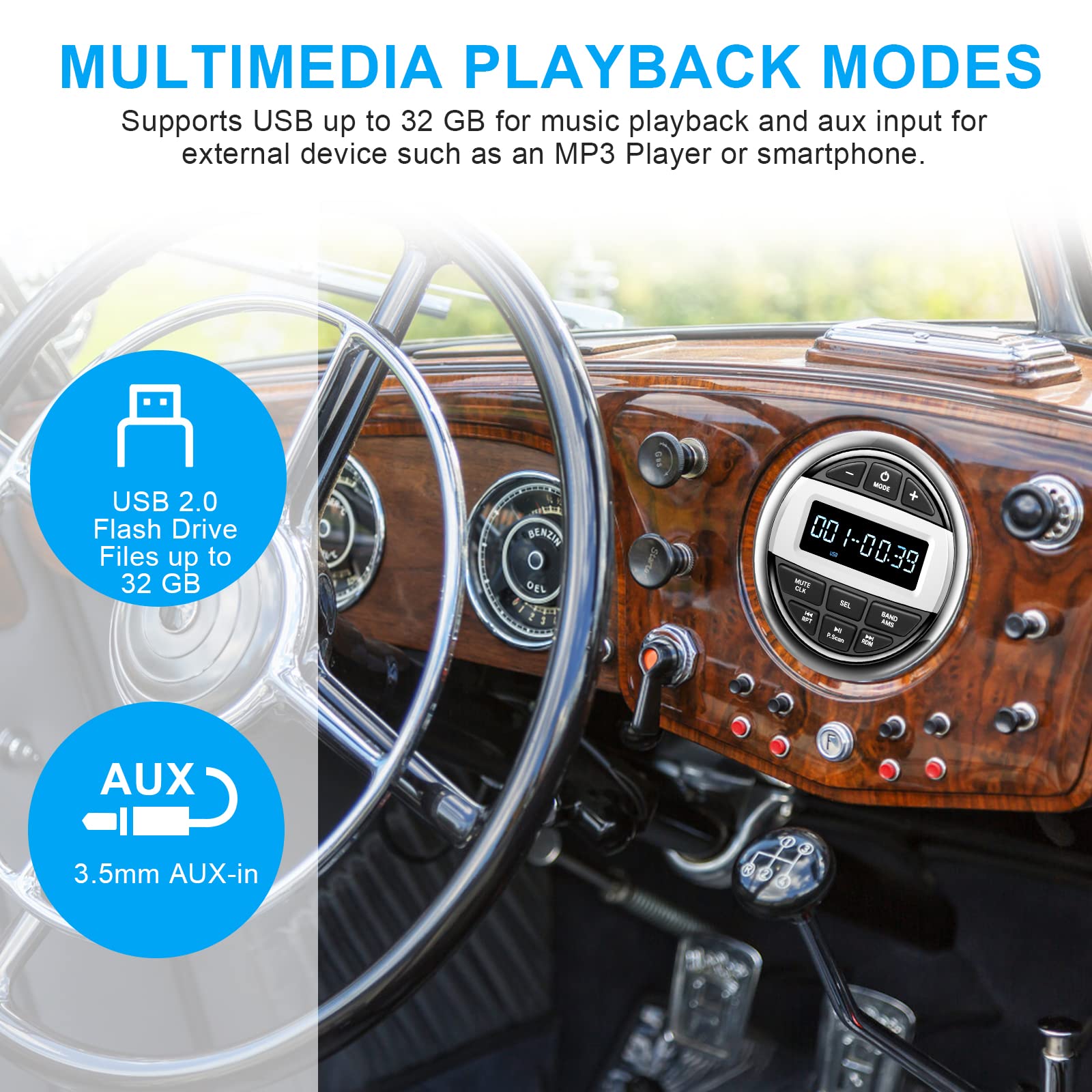 Bluetooth Marine Boat Radio Receiver: Waterproof Marine Gauge Stereo System   Hd Lcd Display Am Fm Tuner Mp3 Aux In Usb Built In