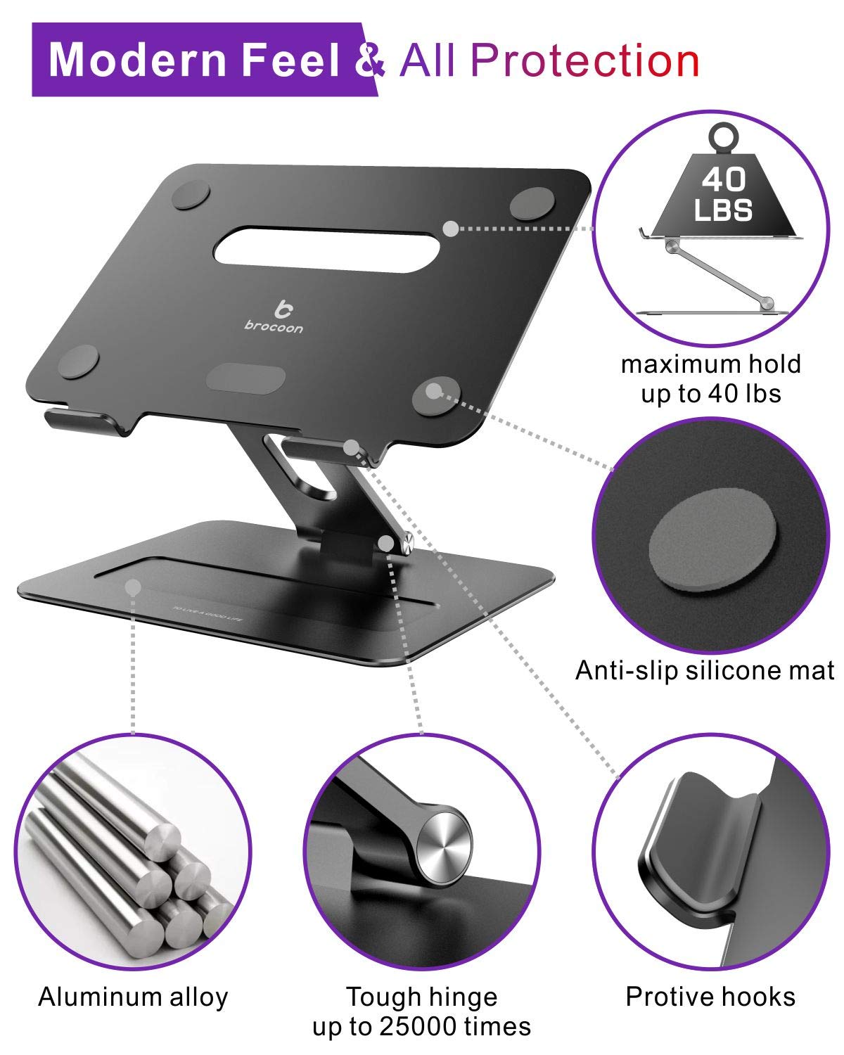 Brocoon Laptop Stand, Adjustable Laptop Macbook Stand For Desk, Ergonomic Aluminum Computer Stand With Heat Vent, Laptop Riser C