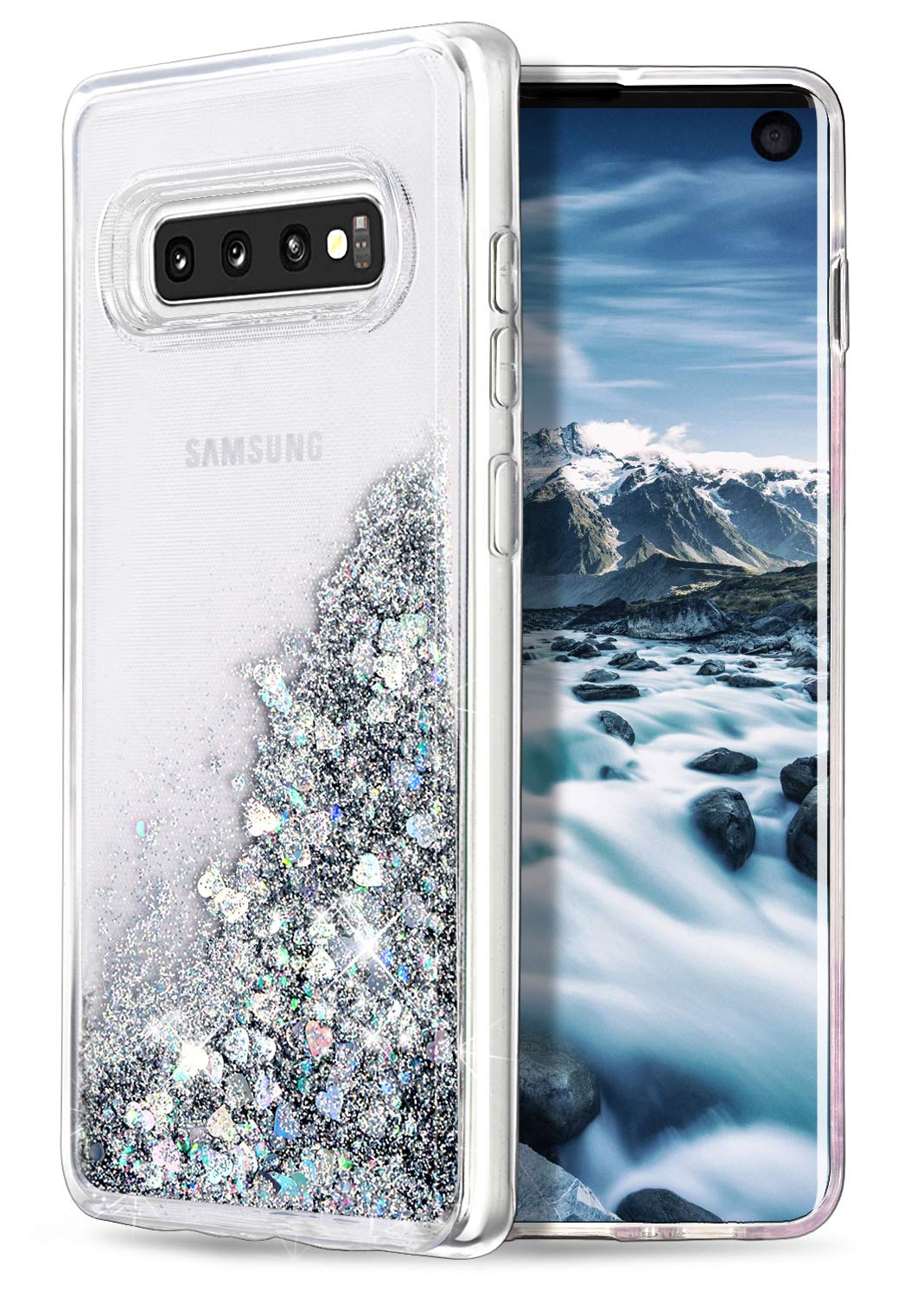 Worldmom For Galaxy S10 Case,Double Layer Design Bling Flowing Liquid Floating Sparkle Colorful Glitter Waterfall Tpu Protective