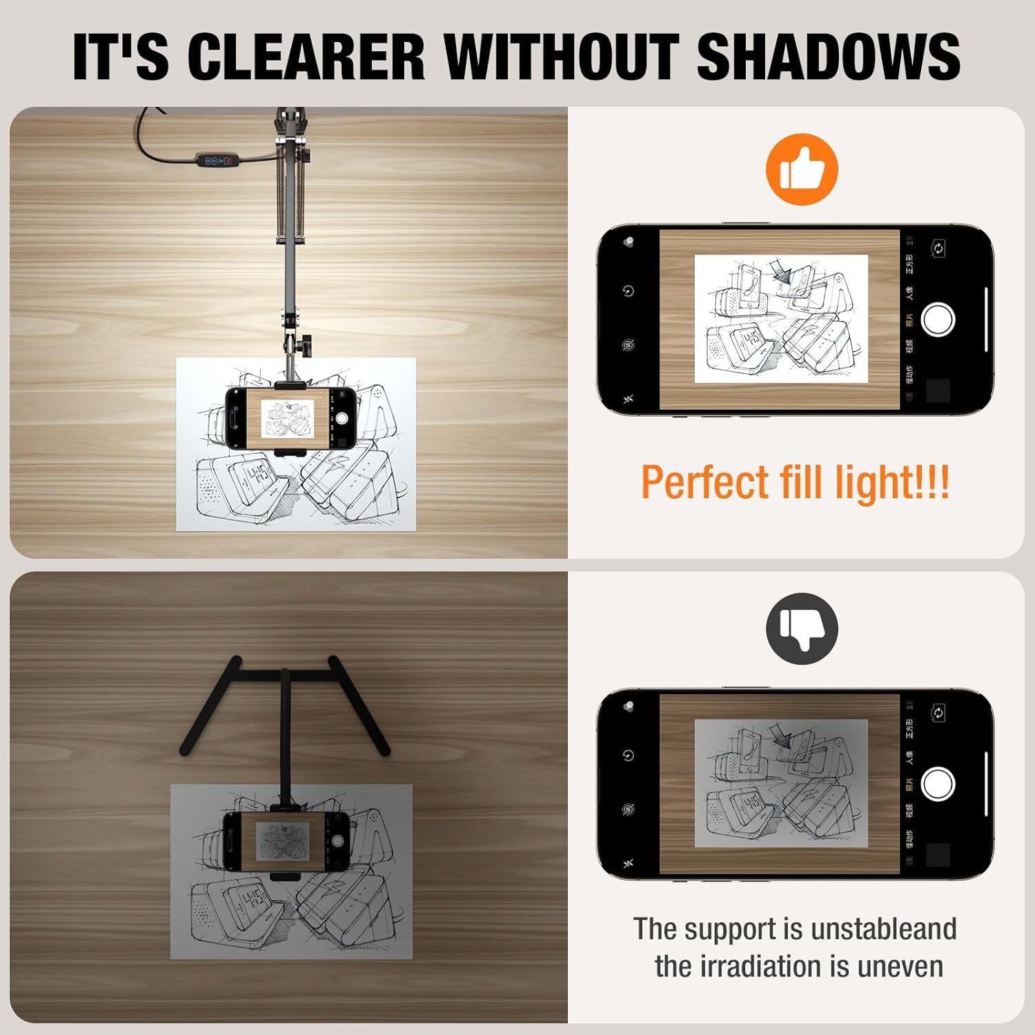 Overhead Phone Mount, Articulating Arm Cell Phone Holder With Usb Led Light, Flexible Phone Stand For Live Streaming,Video Recor