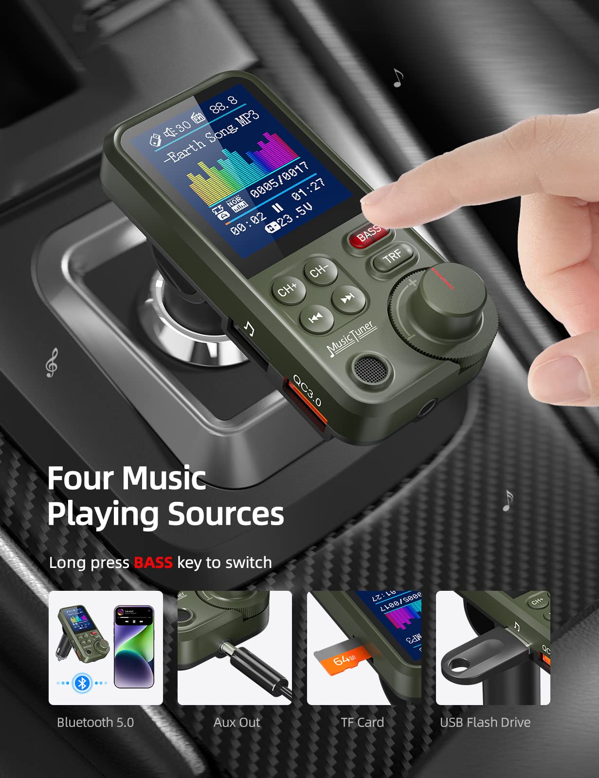 Nulaxy Fm Bluetooth Transmitter For Car, Strong Microphone Bluetooth Car Adapter With 1.8' Color Screen For Hands Free Calls, Supports Qc3.0 Charging, Treble And Bass Sound Music Player  Km30 Green