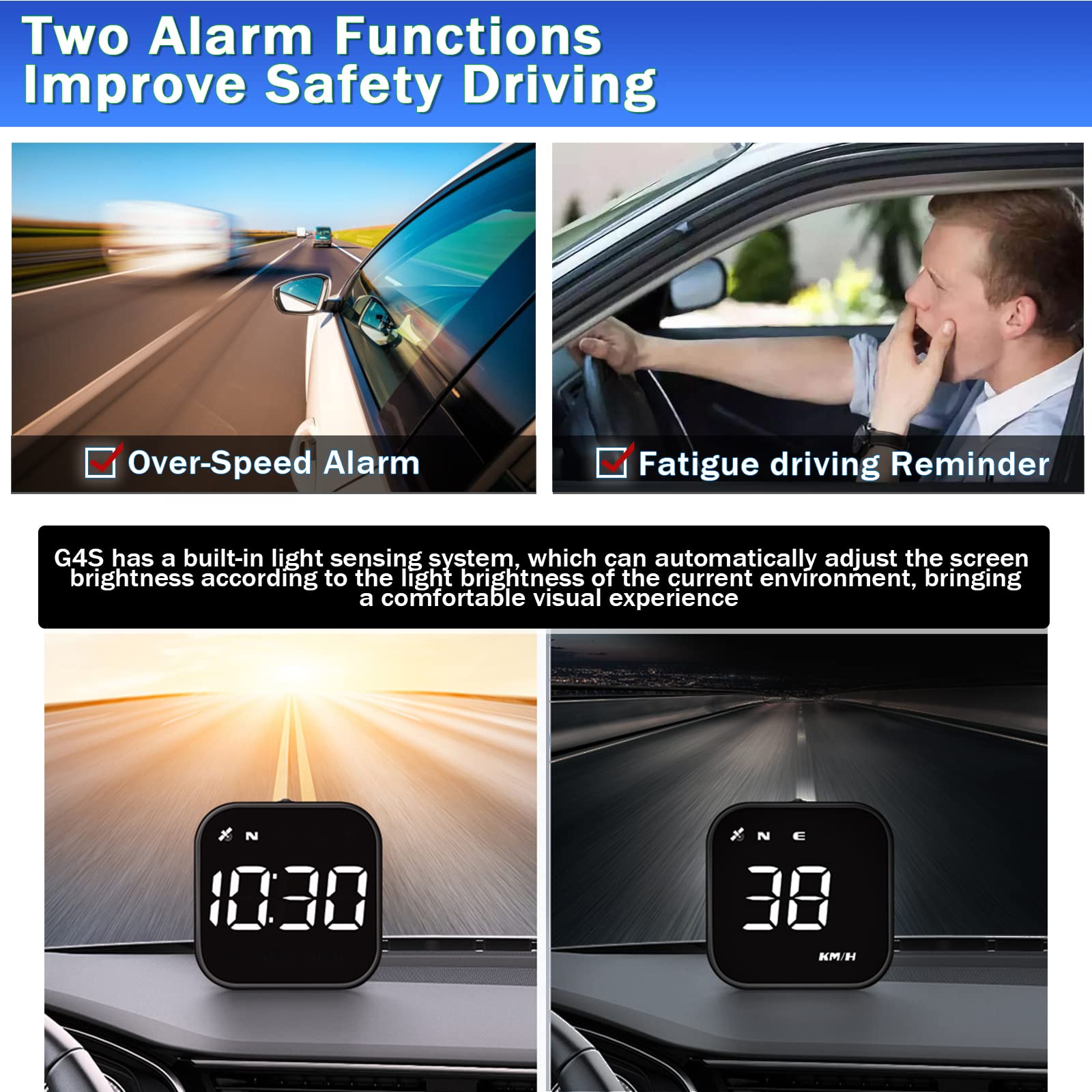 Fastsun G4S Digital Gps Speedometer, Car Hud Heads Up Display With Digital Speed In Mph Kph, Overspeed Alarm, Driver Fatigue Rem
