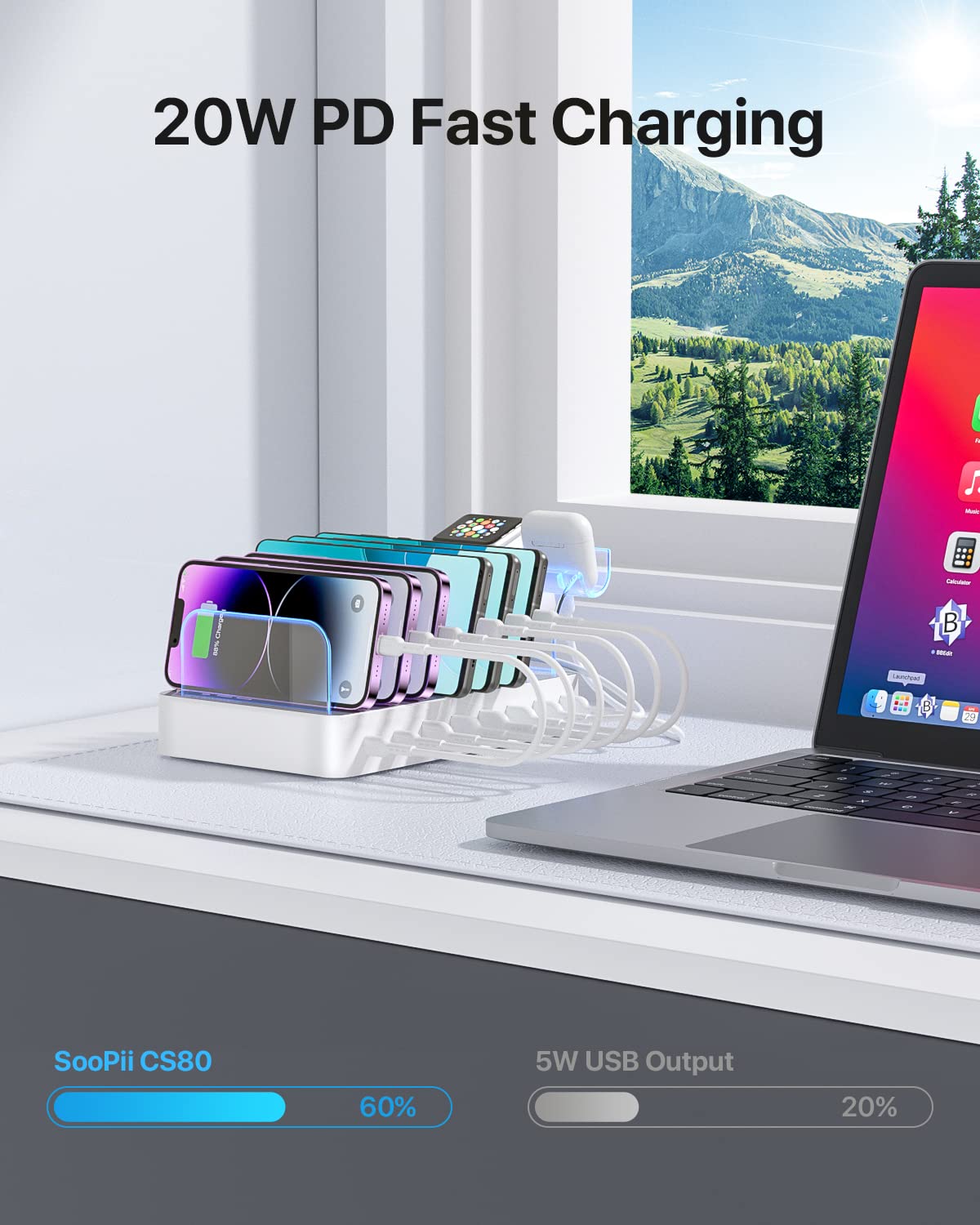 Soopii 8 Port Usb C Charging Station For Multiple Devices, With 1 Pd 20W Port Supports Fast Charging, 8Pcs Mixed Charging Cables