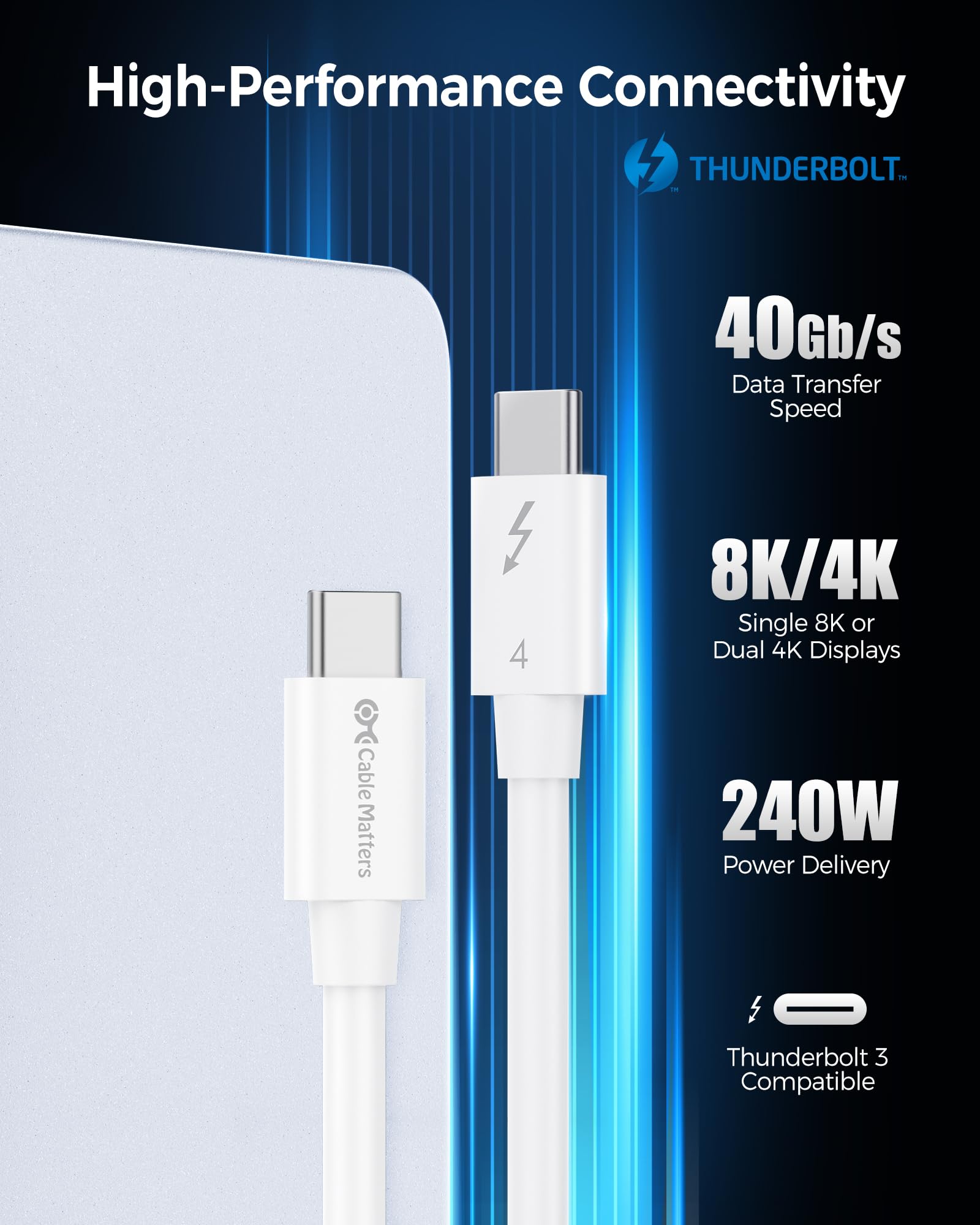 Cable Matters [Intel Certified] 40Gbps Thunderbolt 4 Cable 3.3ft with 8K Video and 240W Charging in White   1m, Compatible with USB4, Thunderbolt 3 Cable and USB C