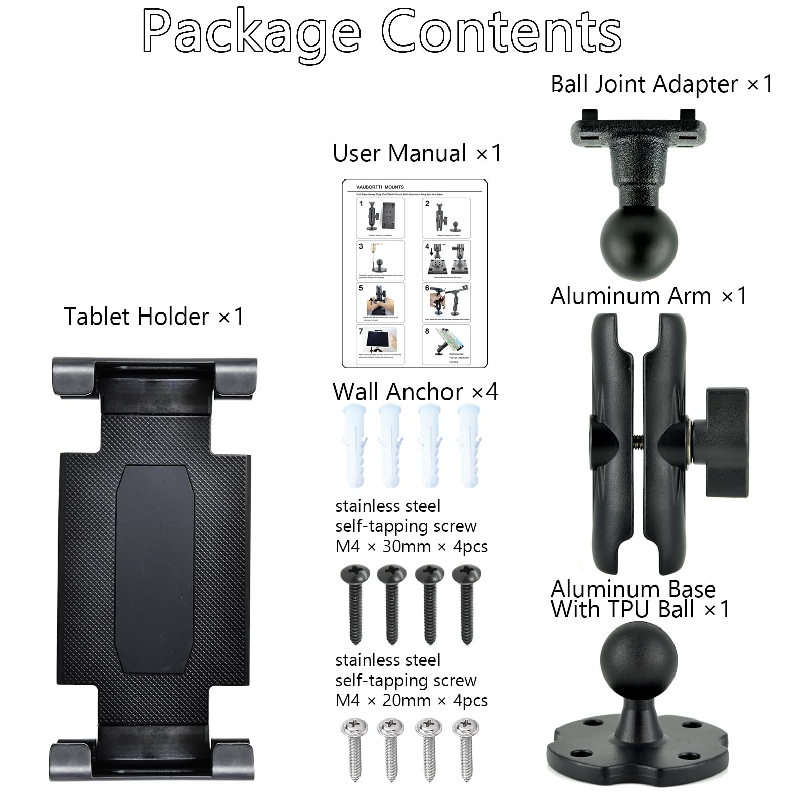 Vaubortti Aluminum Arm Heavy Duty Tablet Mount Drill Base   For 6.5'' 12.9'' Tablet Ipad Pro/Mini, Ipad Holder For Truck, Cars,D