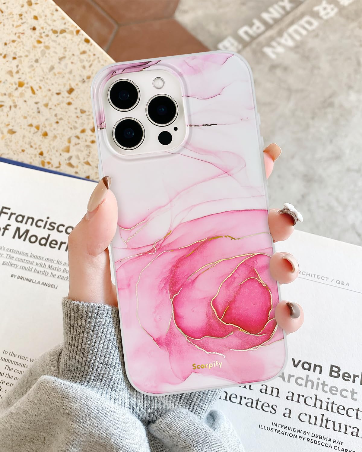 Scorpify For Iphone 16 Pro Max Case [Compatible With Magsafe] With Pink Rose Marble Design, Cute Magnetic Phone Cover For Women