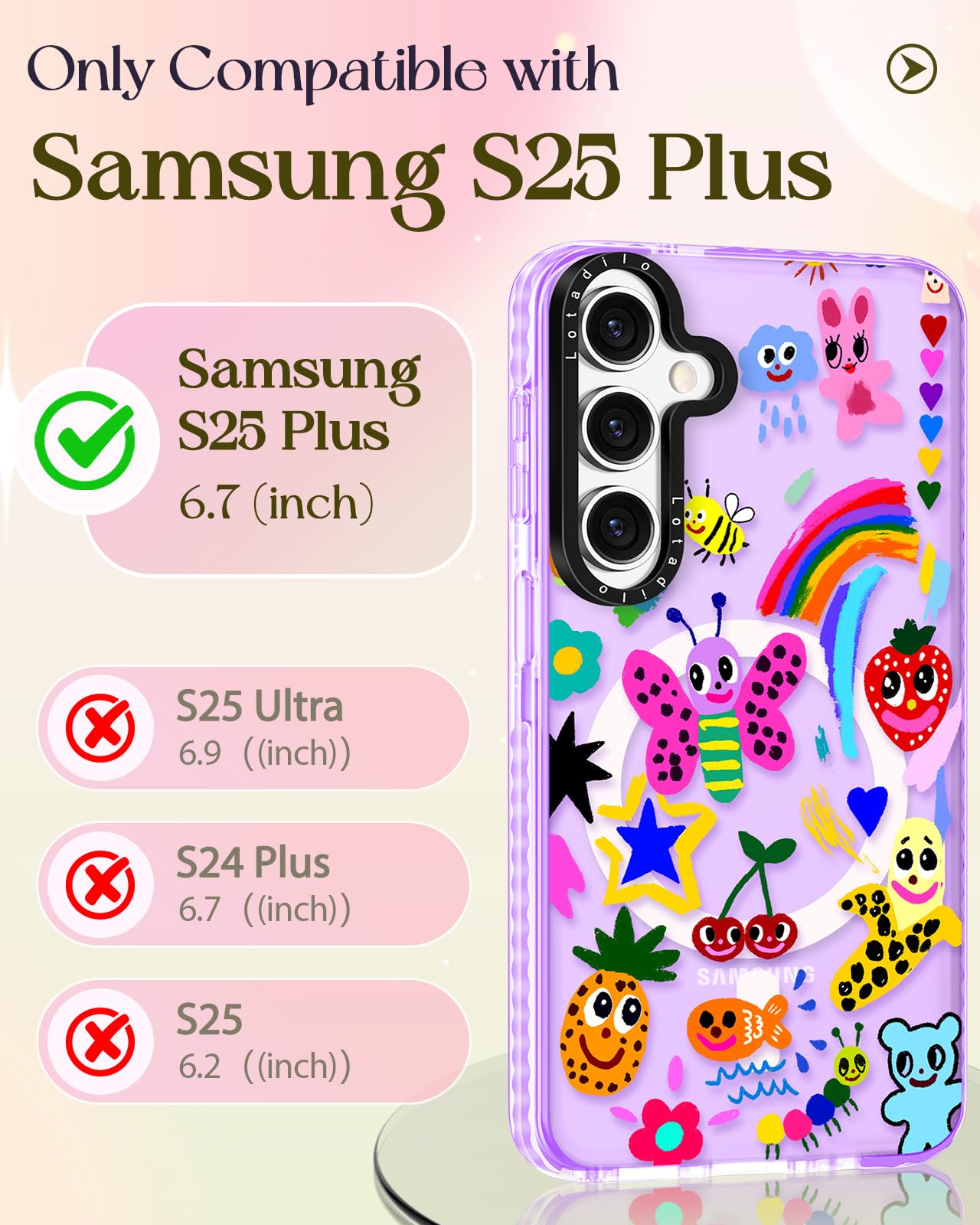 Lotadilo Cute Case For Samsung Galaxy S25 Plus For Women Girls - Funny Crayon Drawing Design Compatible With Magsafe Magnetic Ri