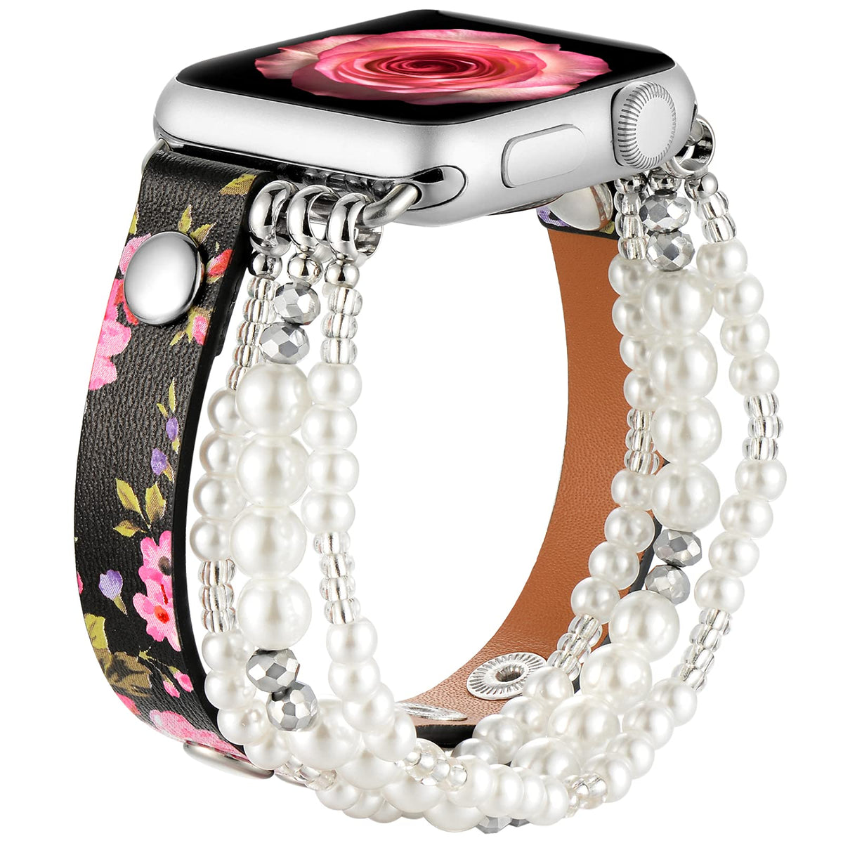 Fastgo Leather Wrap Bracelet Band Compatible With Apple Watch 44Mm 42Mm 45Mm 49Mm Women Girls,Elastic Beaded Pearl Bracelet Stra