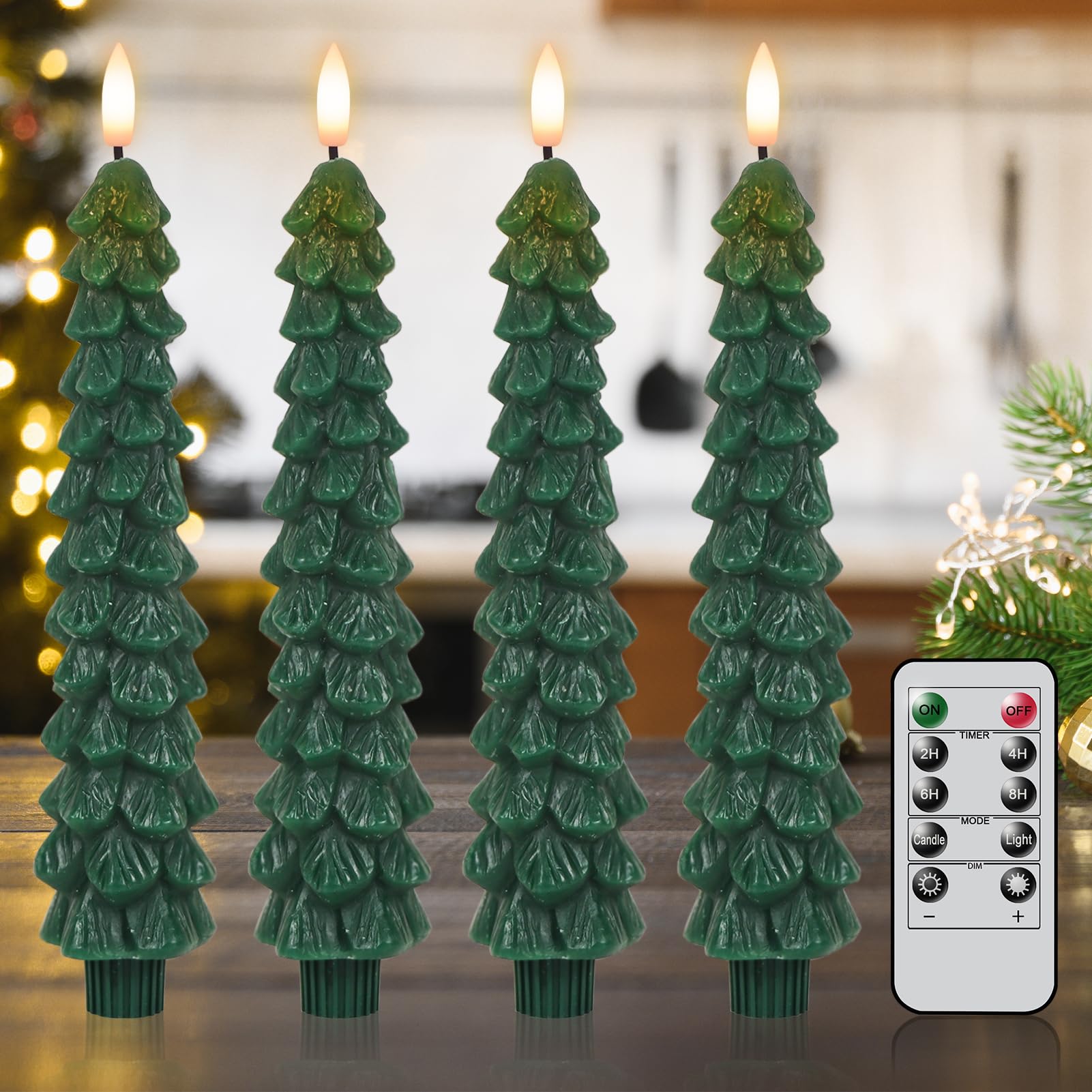 Lasumora Christmas Tree Candles With Remote Timer, 4 Pcs Waxy Flameless Taper Candles Flickering, Battery Operated Led Candlesti