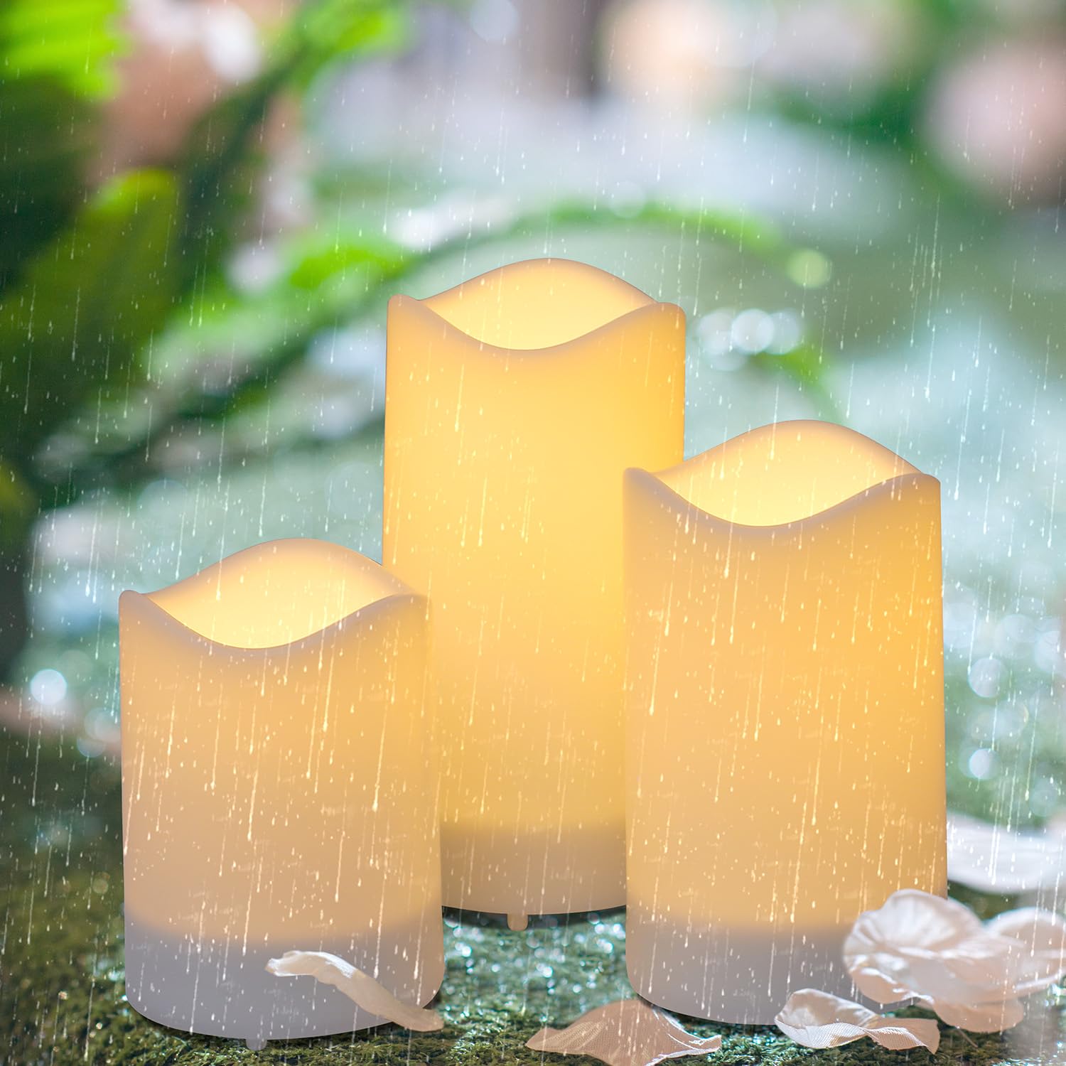 Octmustard Outdoor Solar Flameless Candles 4'' 5'' 6'' Set Of 3 White Dirpless Pillars Include Realistic Flashing Led Flames And