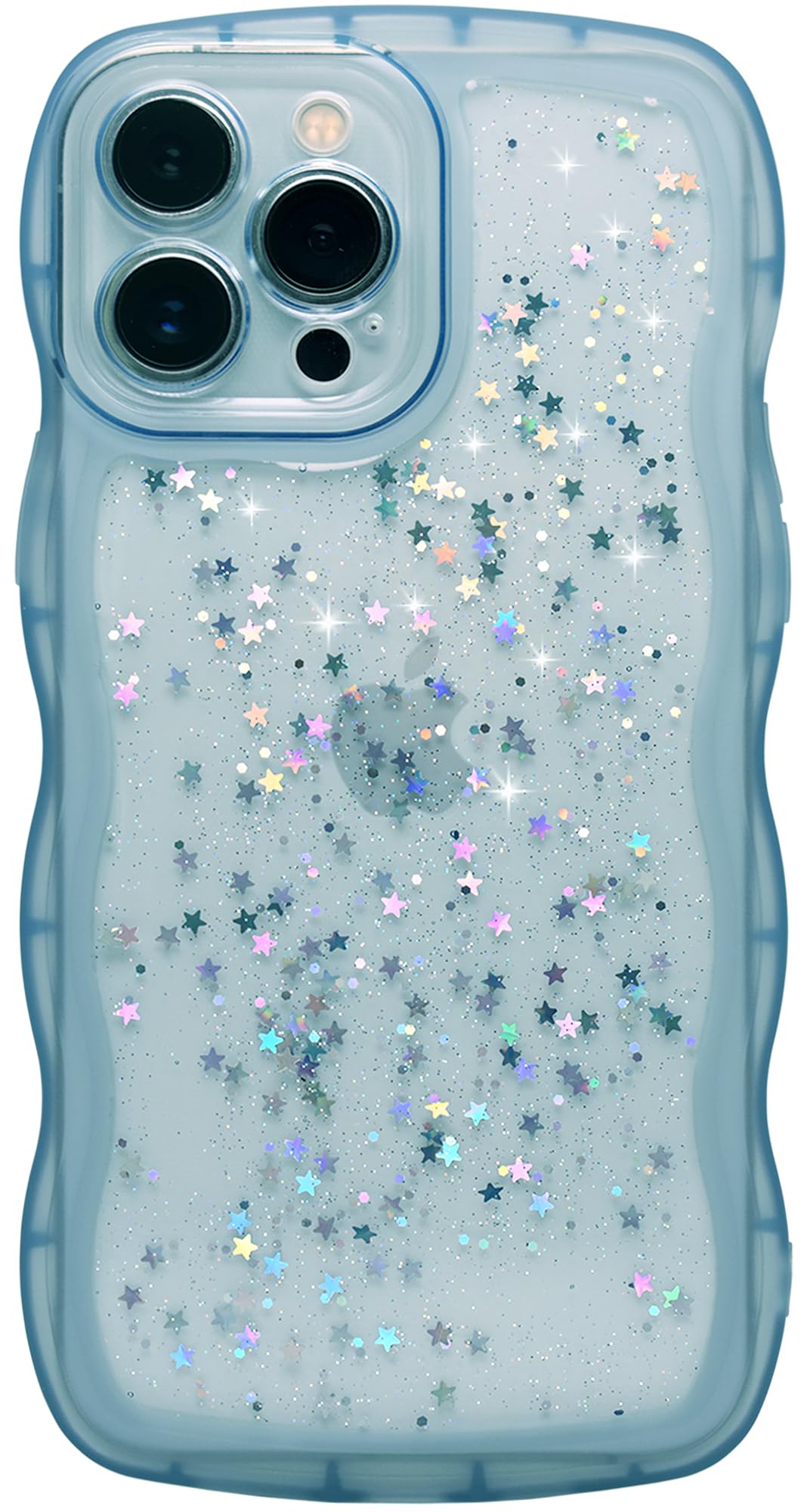 Qokey For Iphone 13 Pro Case 6.1'' Curly Wave Edge Design Transparent Bling Glitter Star Shiny Case Cute Clear Transparent Full