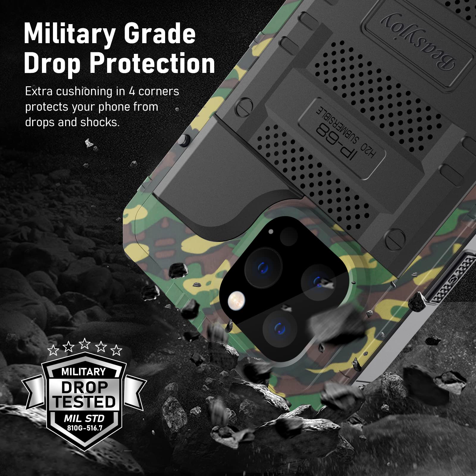 Beasyjoy iPhone 13 Pro Max Waterproof Heavy Duty Phone Case with Built-in Screen Protector Metal Camo 6.7 inch
