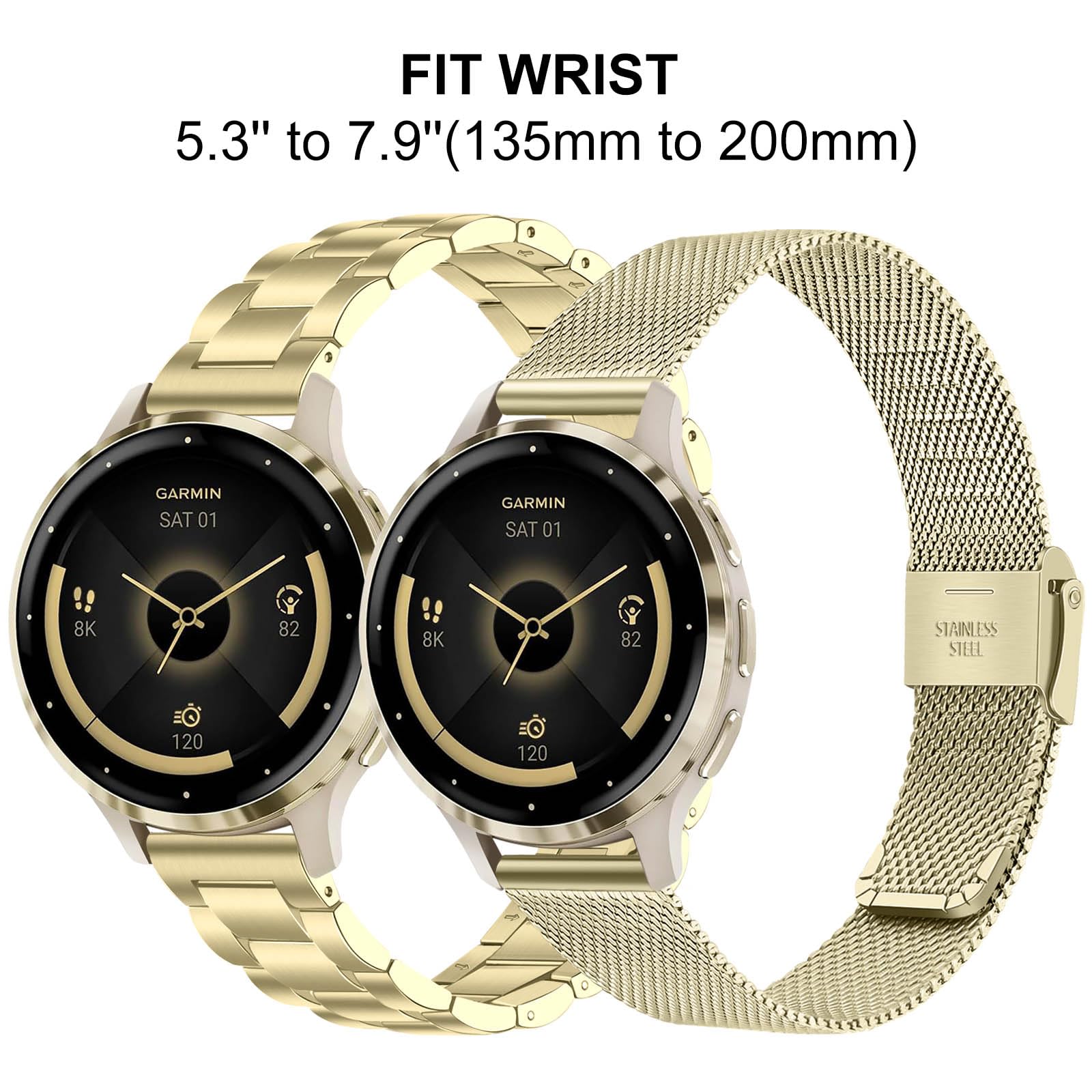 Trumirr Band Sets For Venu 3S (41Mm) Women Smart Watch, Solid Stainless Steel Metal + Mesh Watchband Soft Gold Strap For Garmin