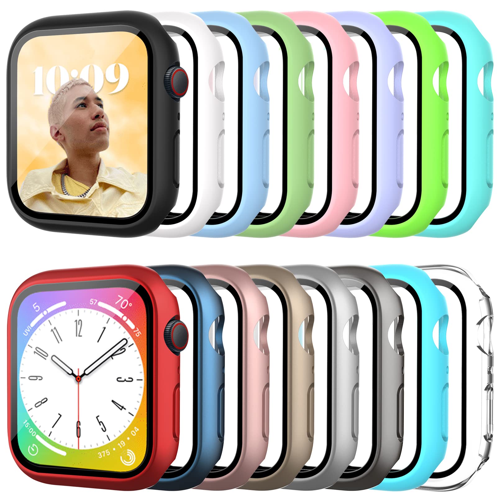 Bougraite 16 Pack Colorful Case For Apple Watch Series 8/7 41Mm With Tempered Glass Screen Protector, Durable Hard Pc Scratch Re