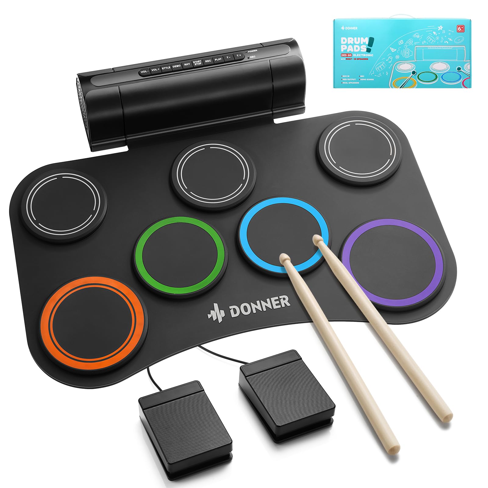 Donner Electric Drum Set Upgrated, 7 Pads Electronic Drum Pad Roll Up Quiet Drum Pad Built In Speaker, 40 Drum Lessons Included,